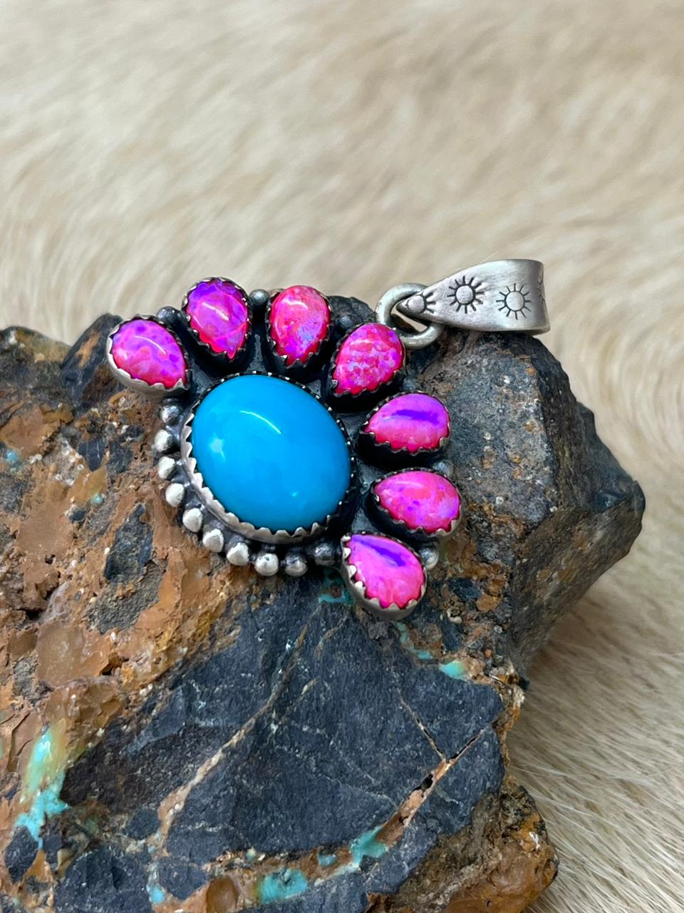 Handmade Sterling Silver Arizona Blue Turquoise with Hot Pink Pendant "Signed Nizhoni"