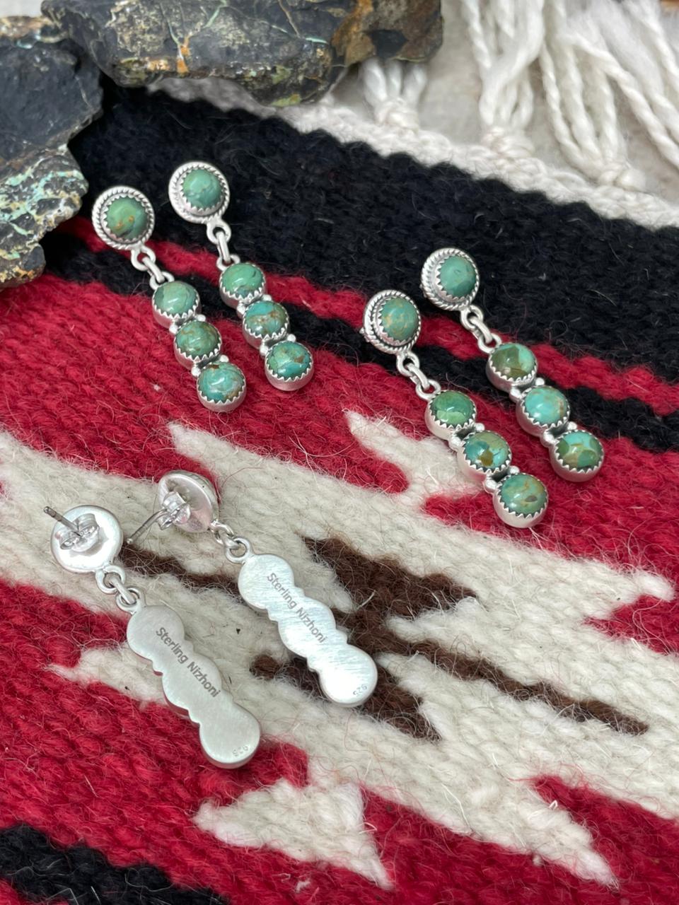 Handmade Sterling Silver Kingman Turquoise Post Dangle Earrings "Signed Nizhoni"