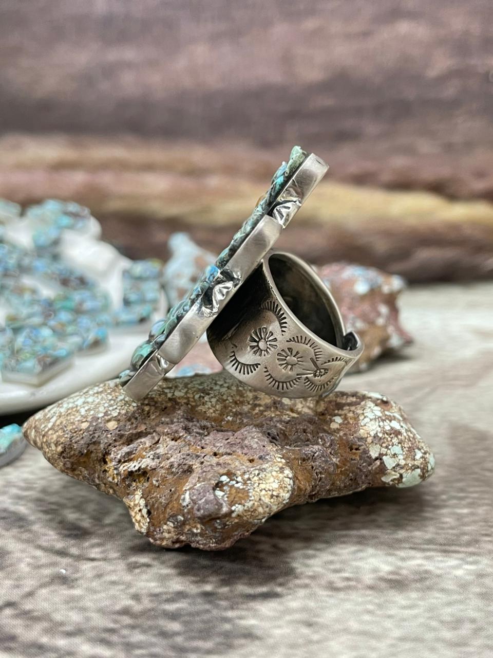 Handmade Sterling Silver 'Golden Hills Turquoise Cobble Collection' Adjustable Ring "Signed Nizhoni"