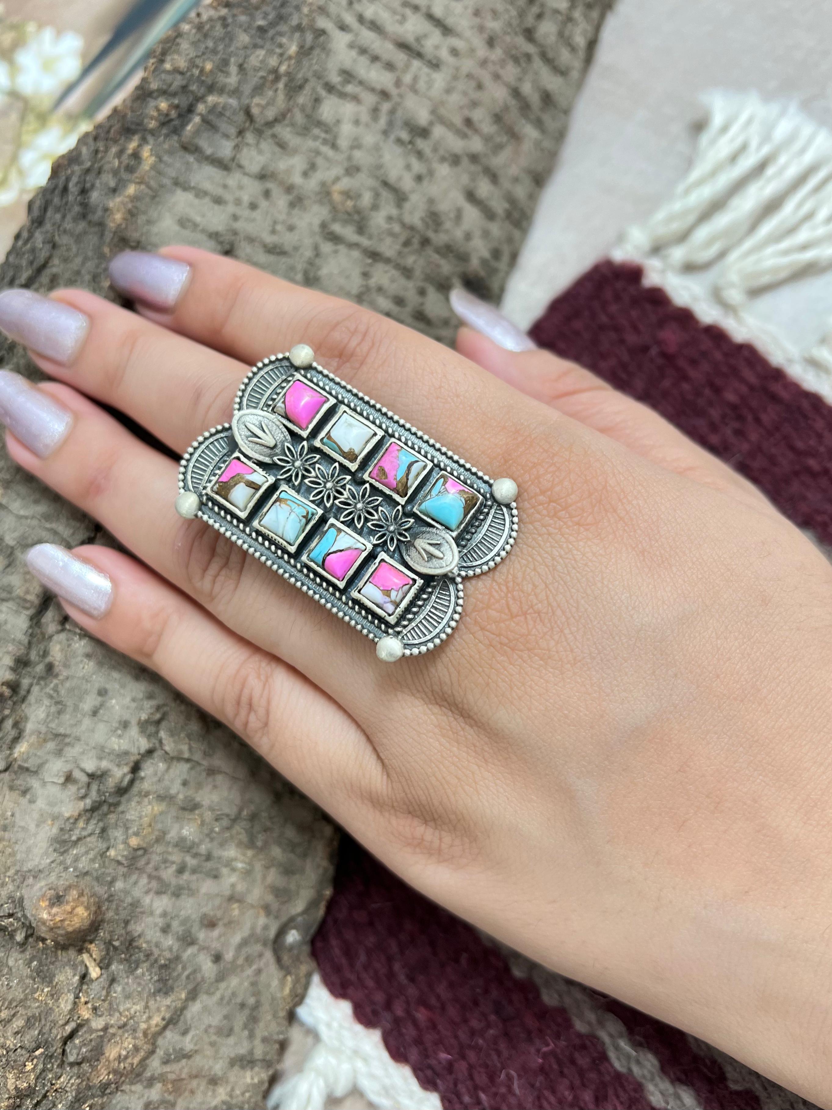 Handmade Sterling Silver Cotton Candy Turquoise Adjustable Rings with Signed Nizhoni