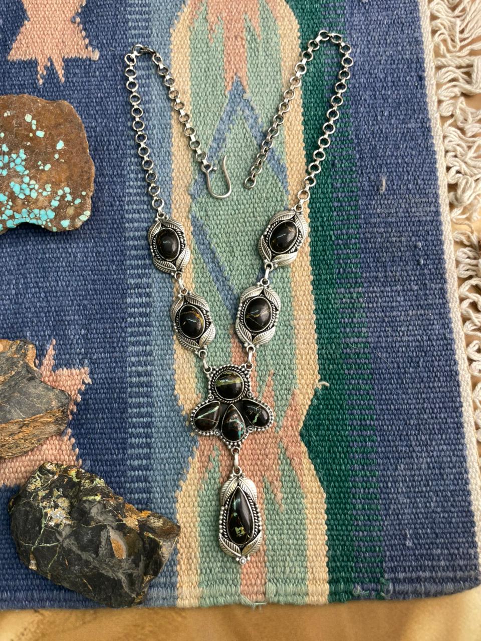 Handmade Sterling Silver Blackjack Turquoise Necklace "Signed Nizhoni"