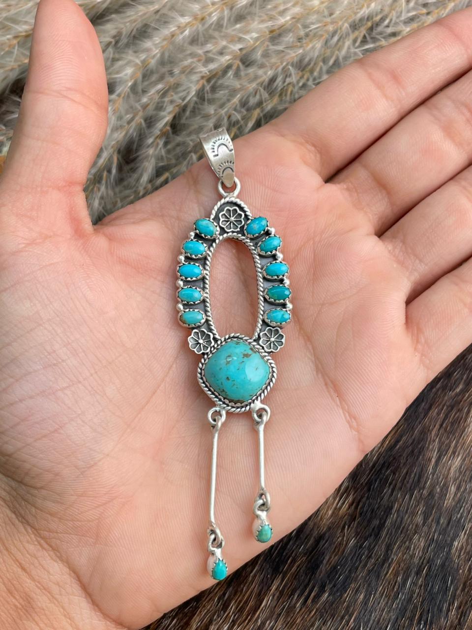 Handmade Sterling Silver Santa Maria with Kingman Pendant "Signed Nizhoni"