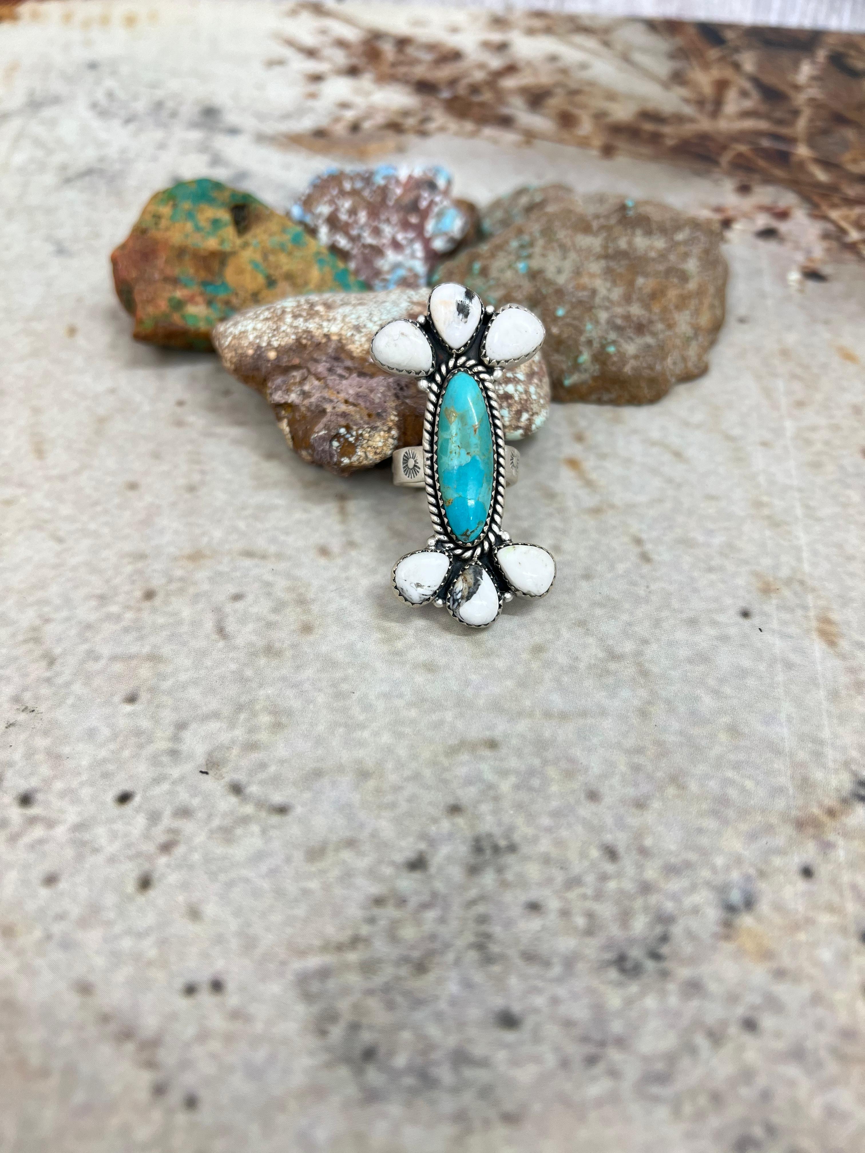Handmade Sterling Silver White Buffalo with Kingman Turquoise Adjustable Ring with Signed Nizhoni