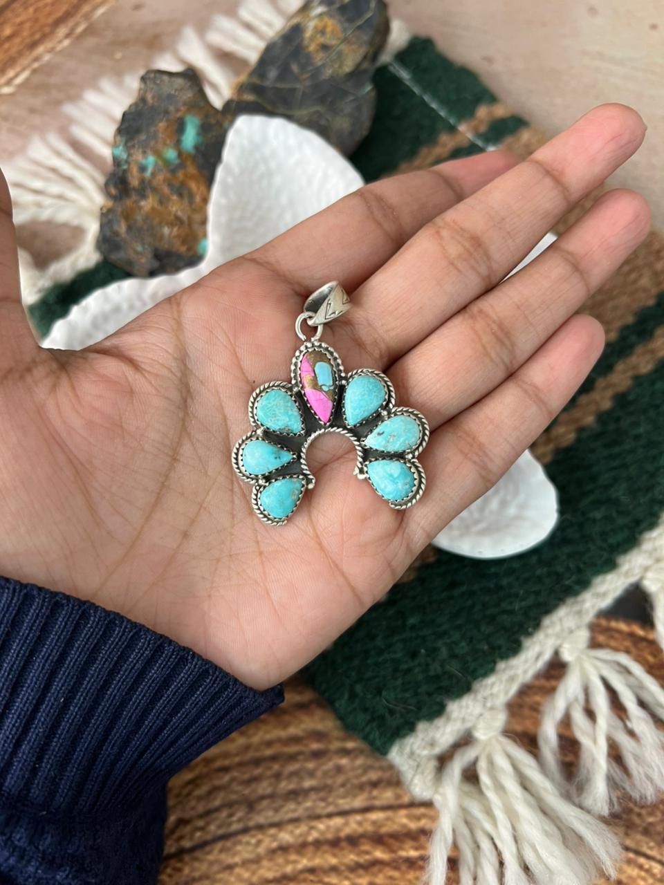 Handmade Sterling Silver White Water with Cotton Candy Naja Pendant "Signed Nizhoni"