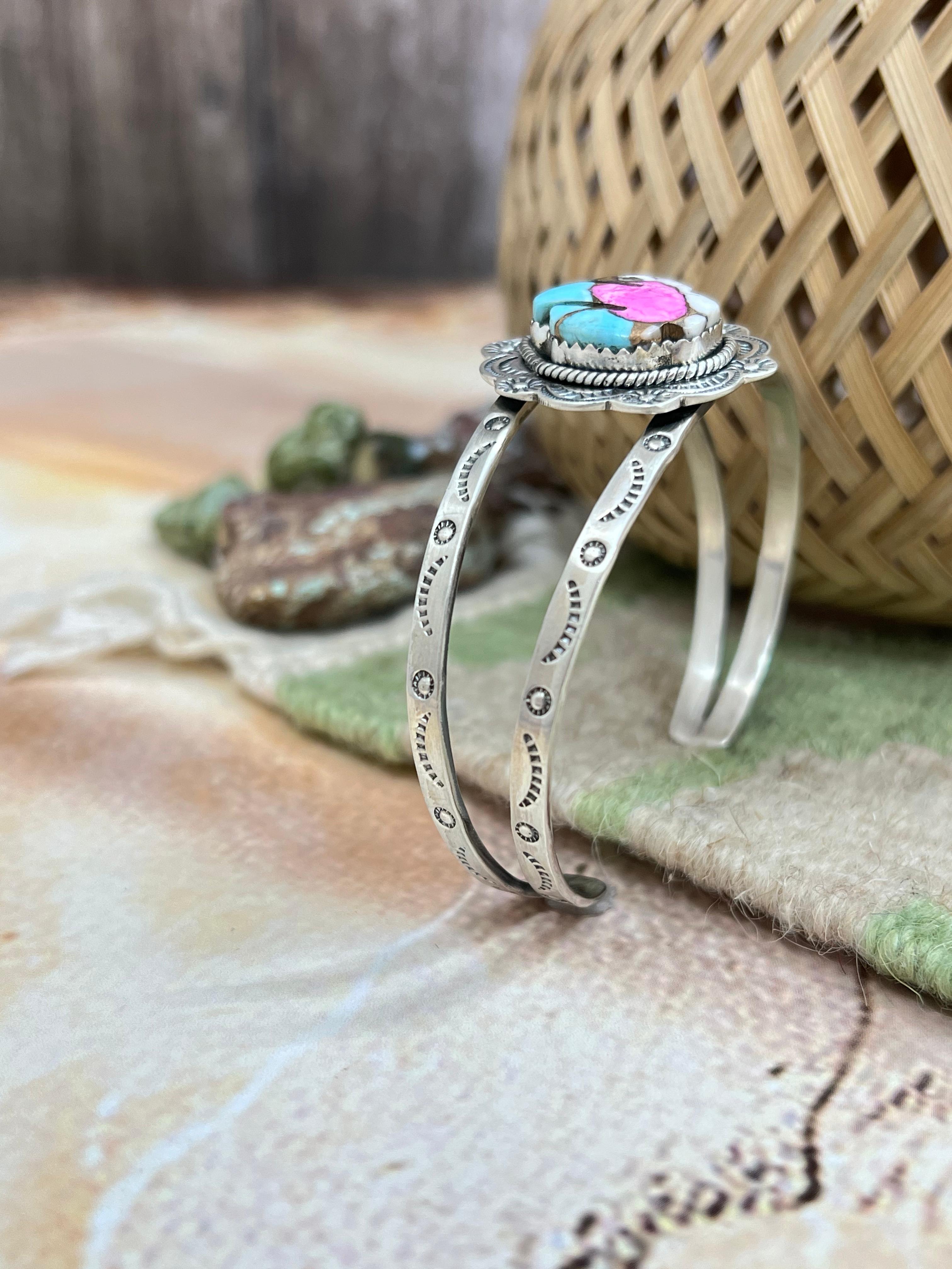 Handmade Sterling Silver Cotton Candy Turquoise SaguaroCuff Bracelet with Signed Nizhoni