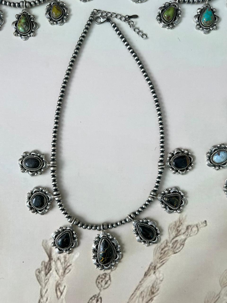 Handmade Sterling Silver Beaded Multi Stone Necklace "Signed Nizhoni"