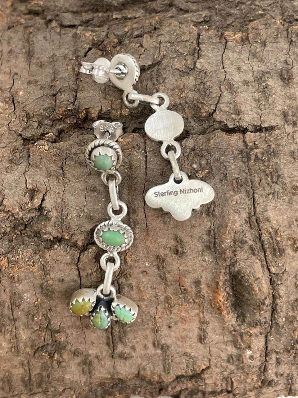 Handmade Sterling Silver Kingman Turquoise Post Dangle Earrings "Signed Nizhoni"