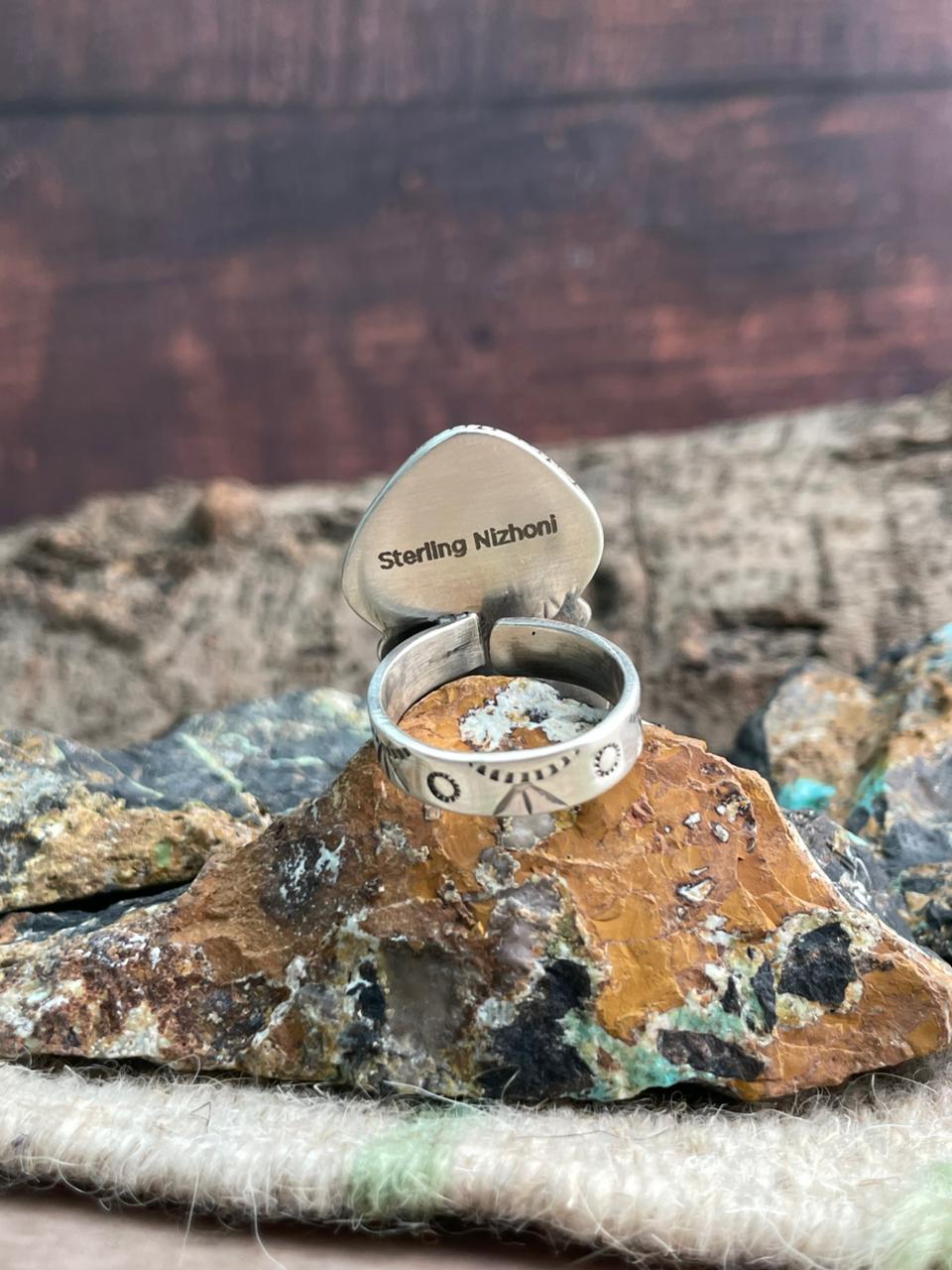 Handmade Sterling Silver Emerald Rose Adjustable Ring "Signed Nizhoni"