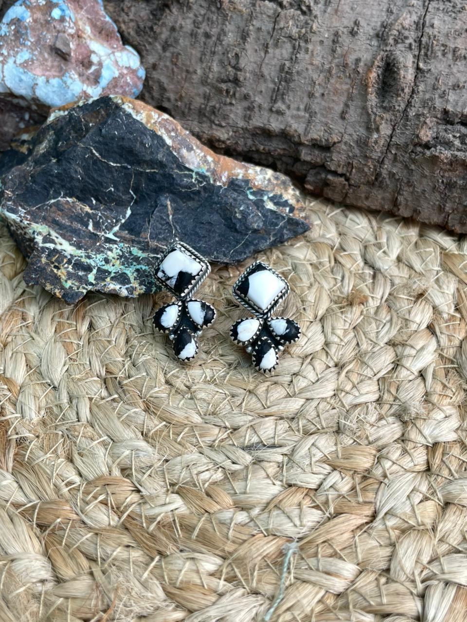 Handmade Sterling Silver White Buffalo Post Studs Earrings "Signed Nizhoni"