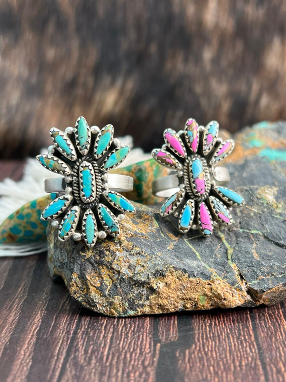 Handmade Sterling Silver Kingman Turquoise and Cotton Candy Adjustable Ring "Signed Nizhoni"