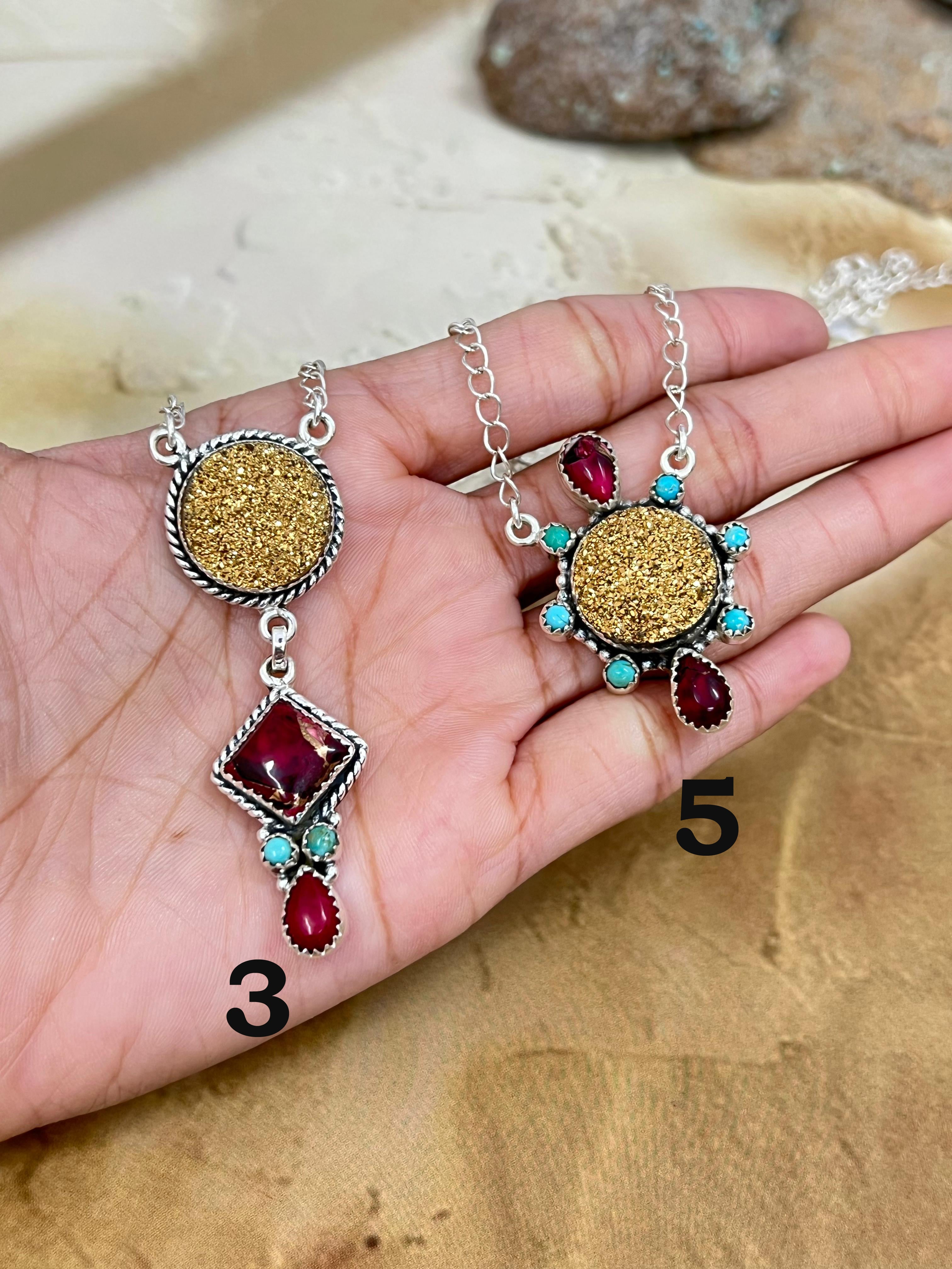 Handmade Sterling Silver Dahlia Rose with Druzy & Kingman Necklace, Signed Nizhoni