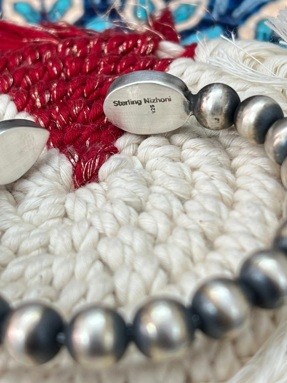 Handmade Sterling Silver Beaded Arizona Blue Turquoise Cuff Bracelet "Signed Nizhoni"