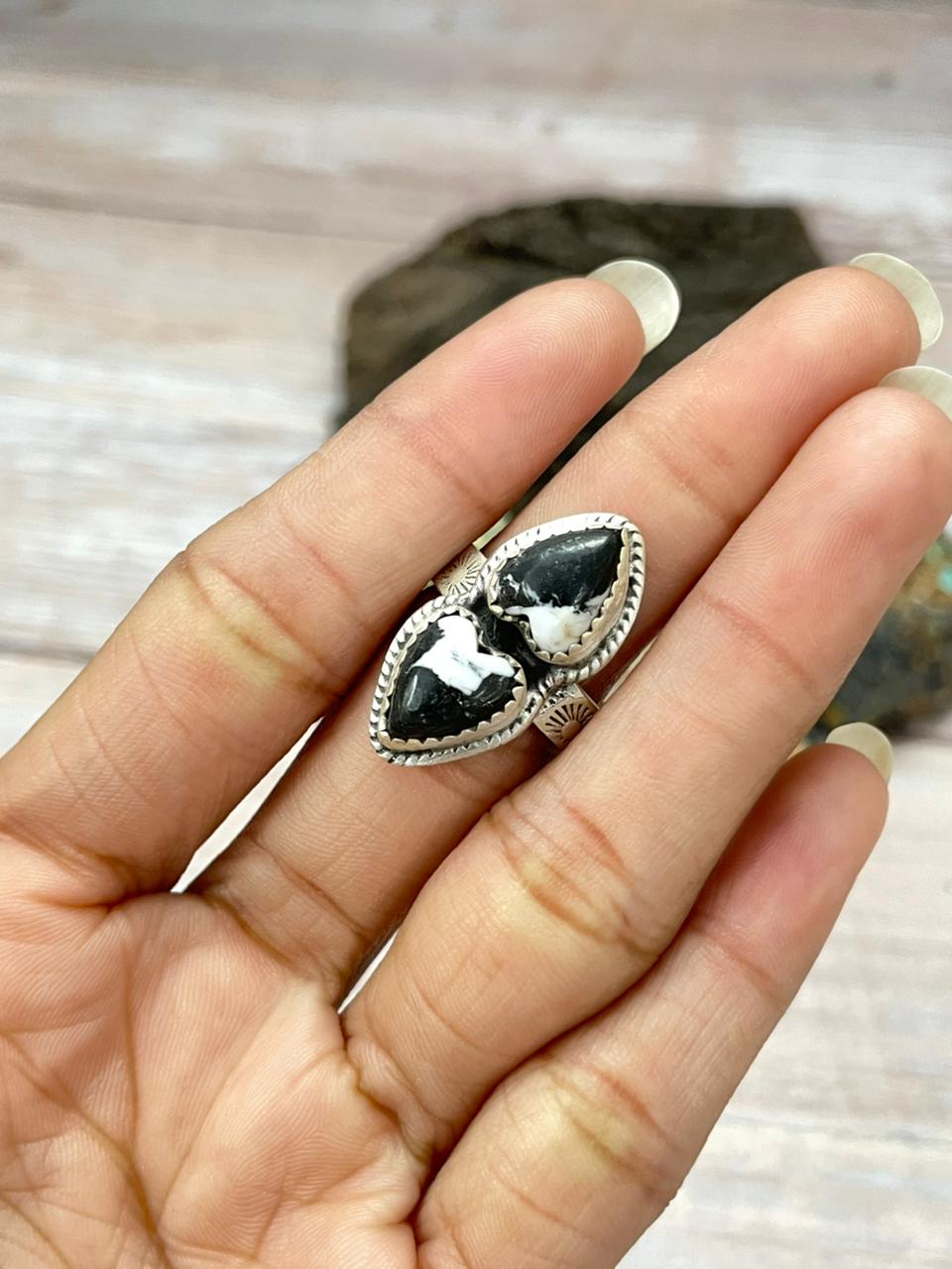 Handmade Sterling Silver White Buffalo Adjustable Ring "Signed Nizhoni"