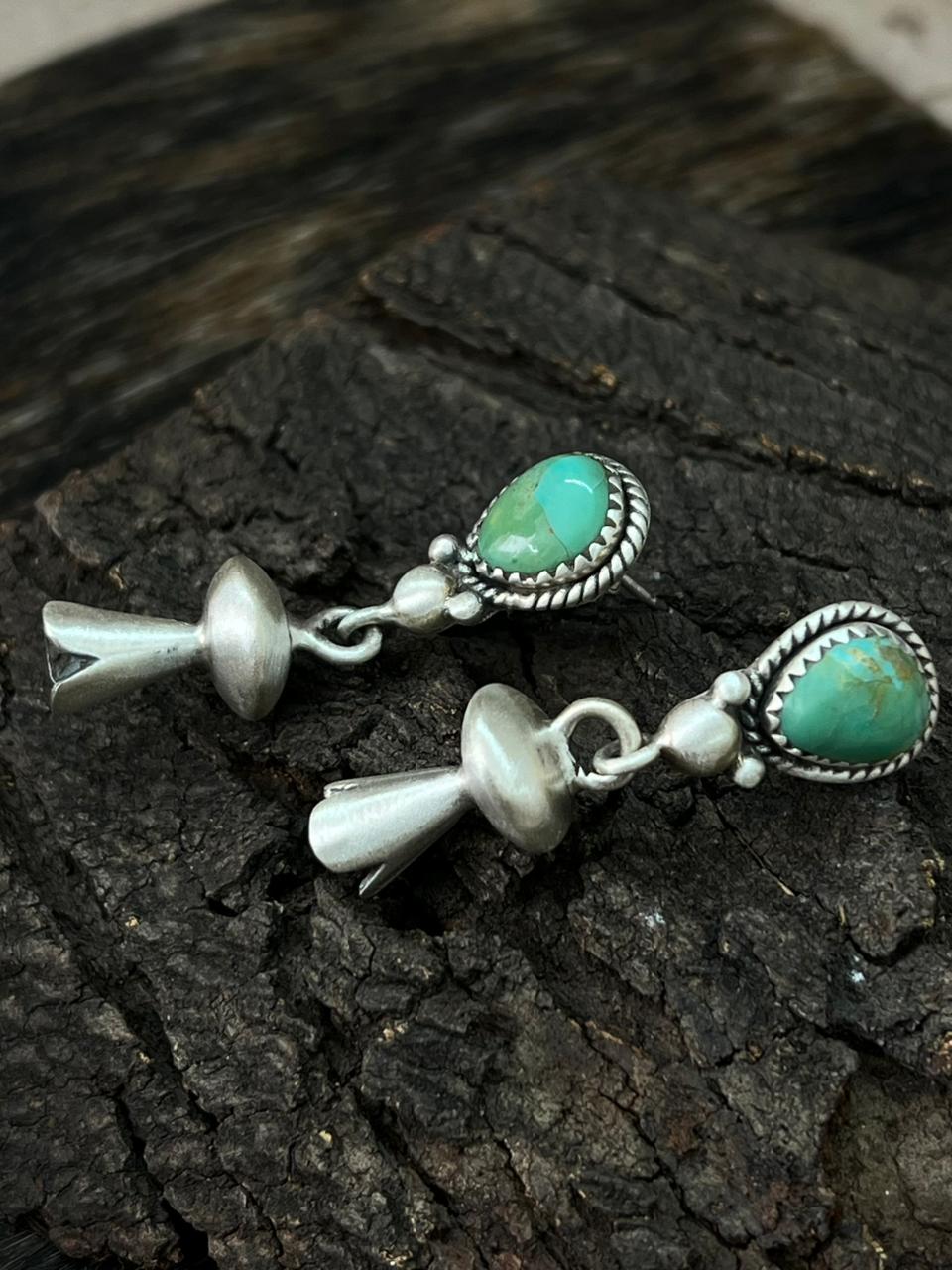 Handmade Sterling Silver Kingman Turquoise Post Dangle Earrings "Signed Nizhoni"