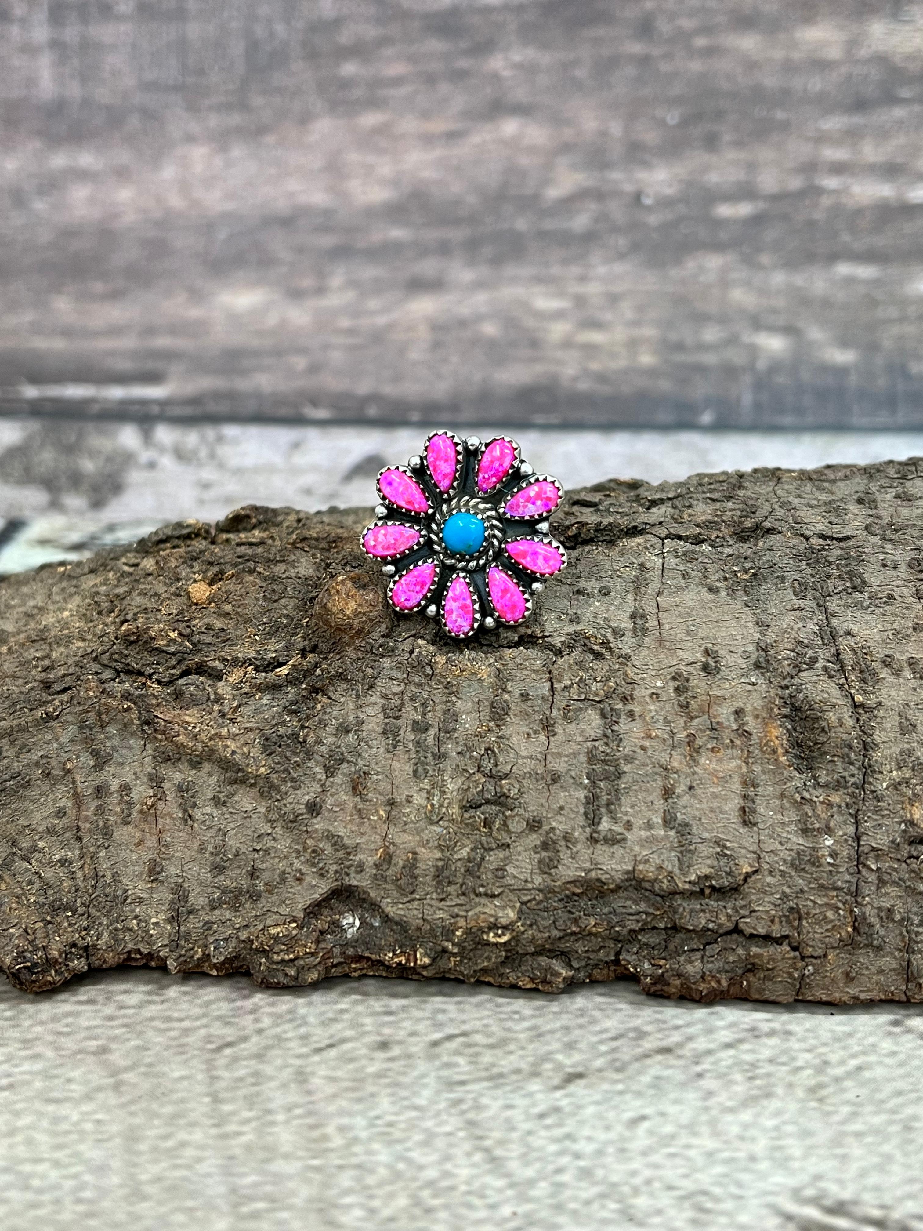 Handmade Sterling Silver Hot Pink with Kingman Turquoise Adjustable Cluster Flower Ring with Signed Nizhoni (6)