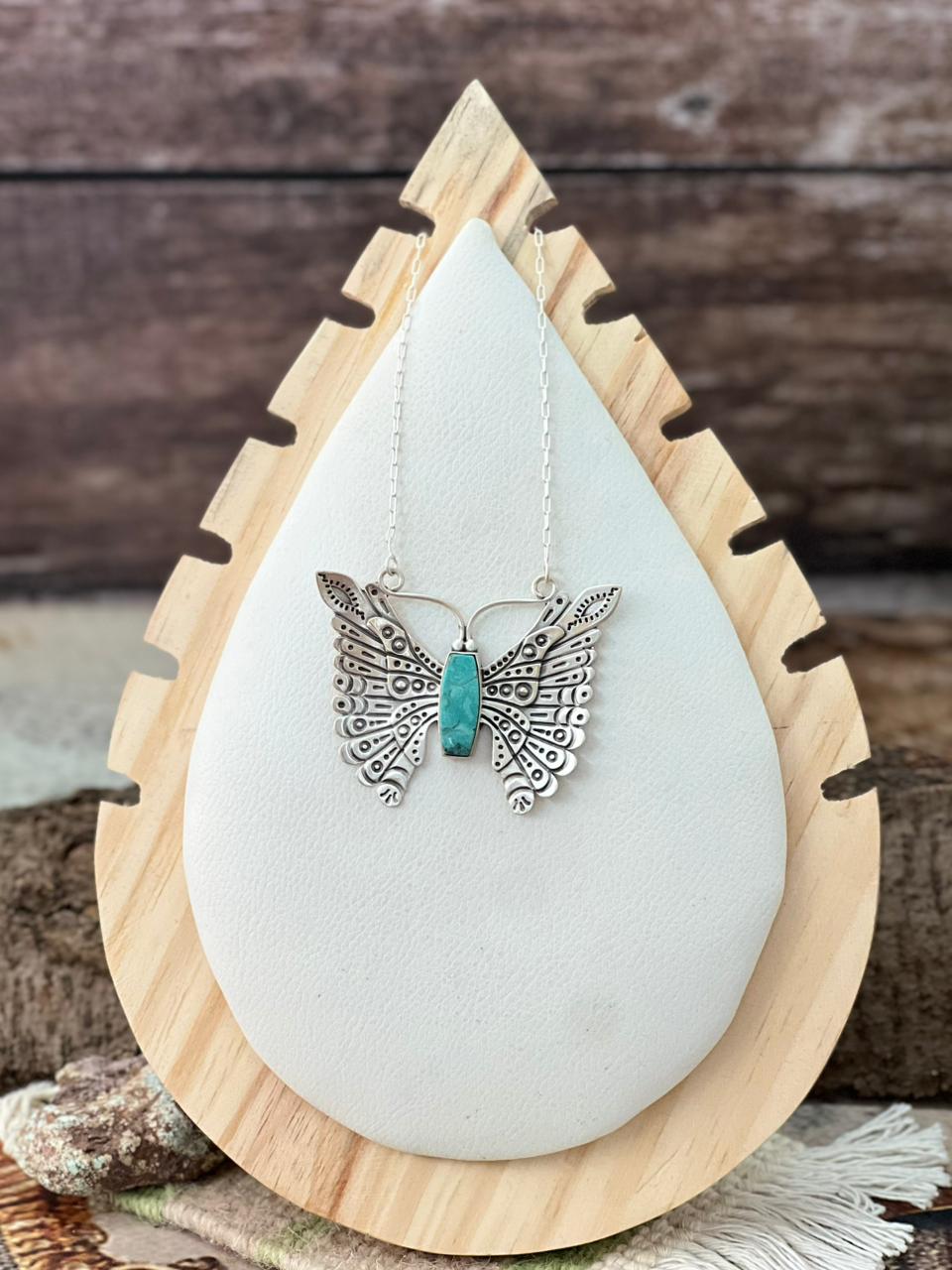 Handmade Sterling Silver Kingman Turquoise Butterfly Necklace "Signed Nizhoni"