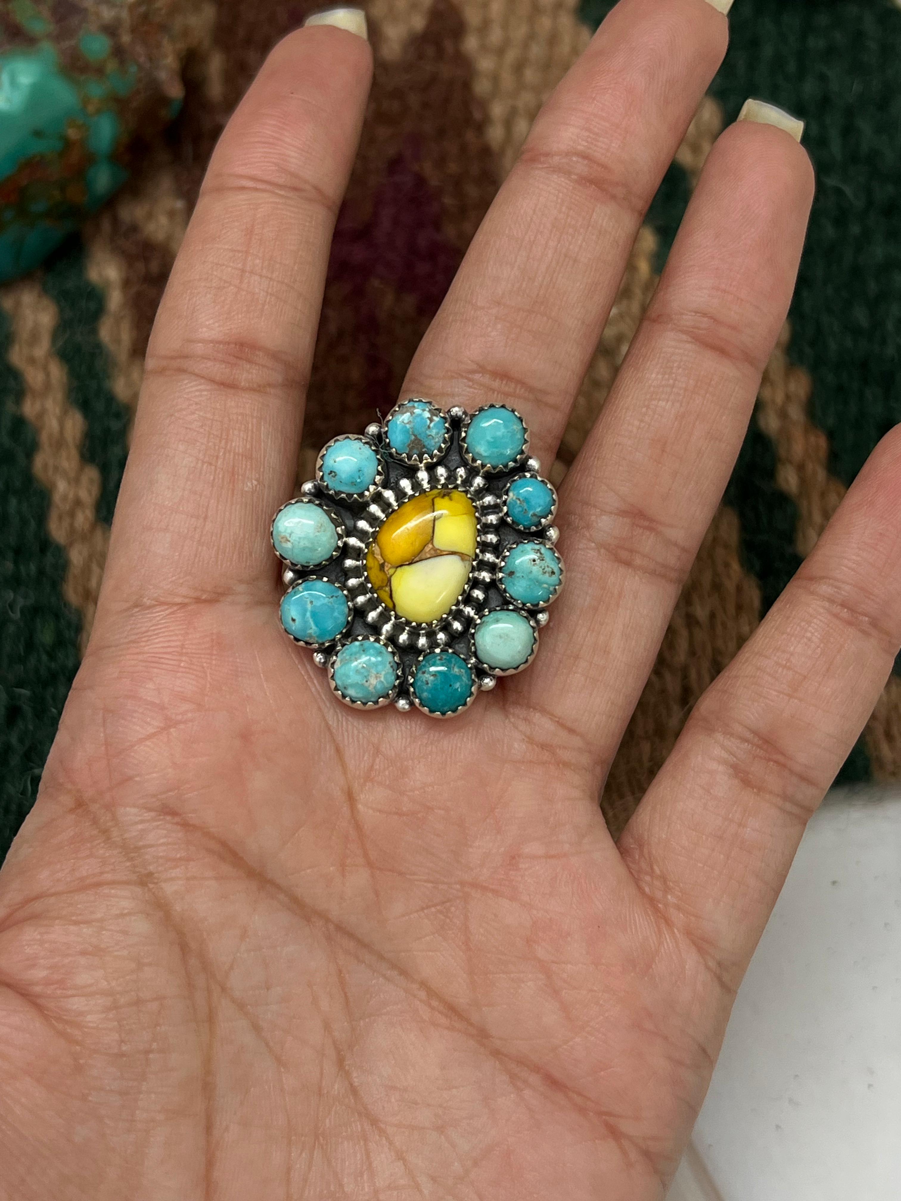 Handmade Sterling Silver White Water with Honey Dahlia Adjustable Ring with Signed Nizhoni