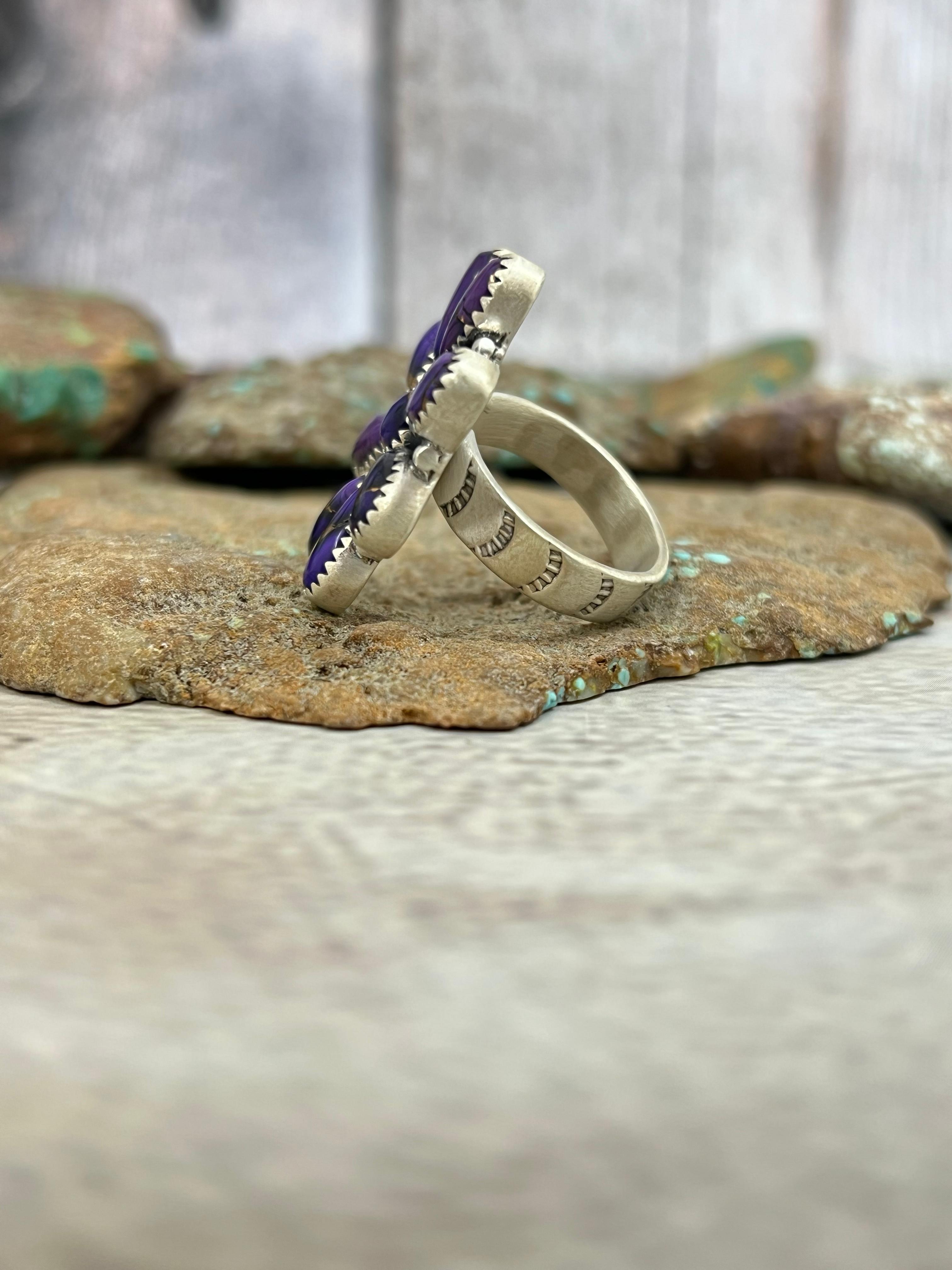 Handmade Sterling Silver Grape Dahlia Adjustable Ring with Signed Nizhoni