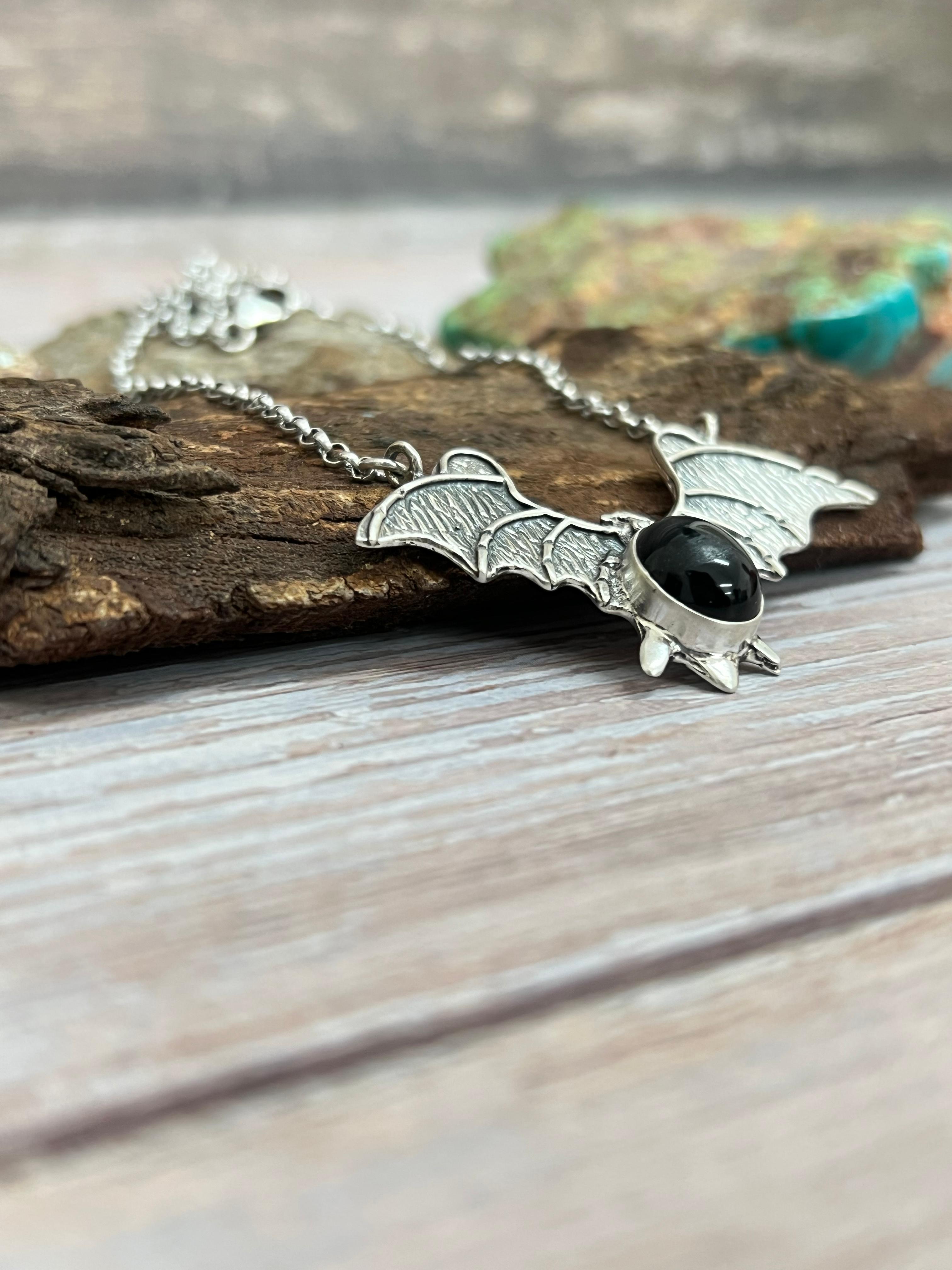 "Halloween Collection" Handmade Sterling Silver Black Onyx Bat Necklace with Signed Nizhoni