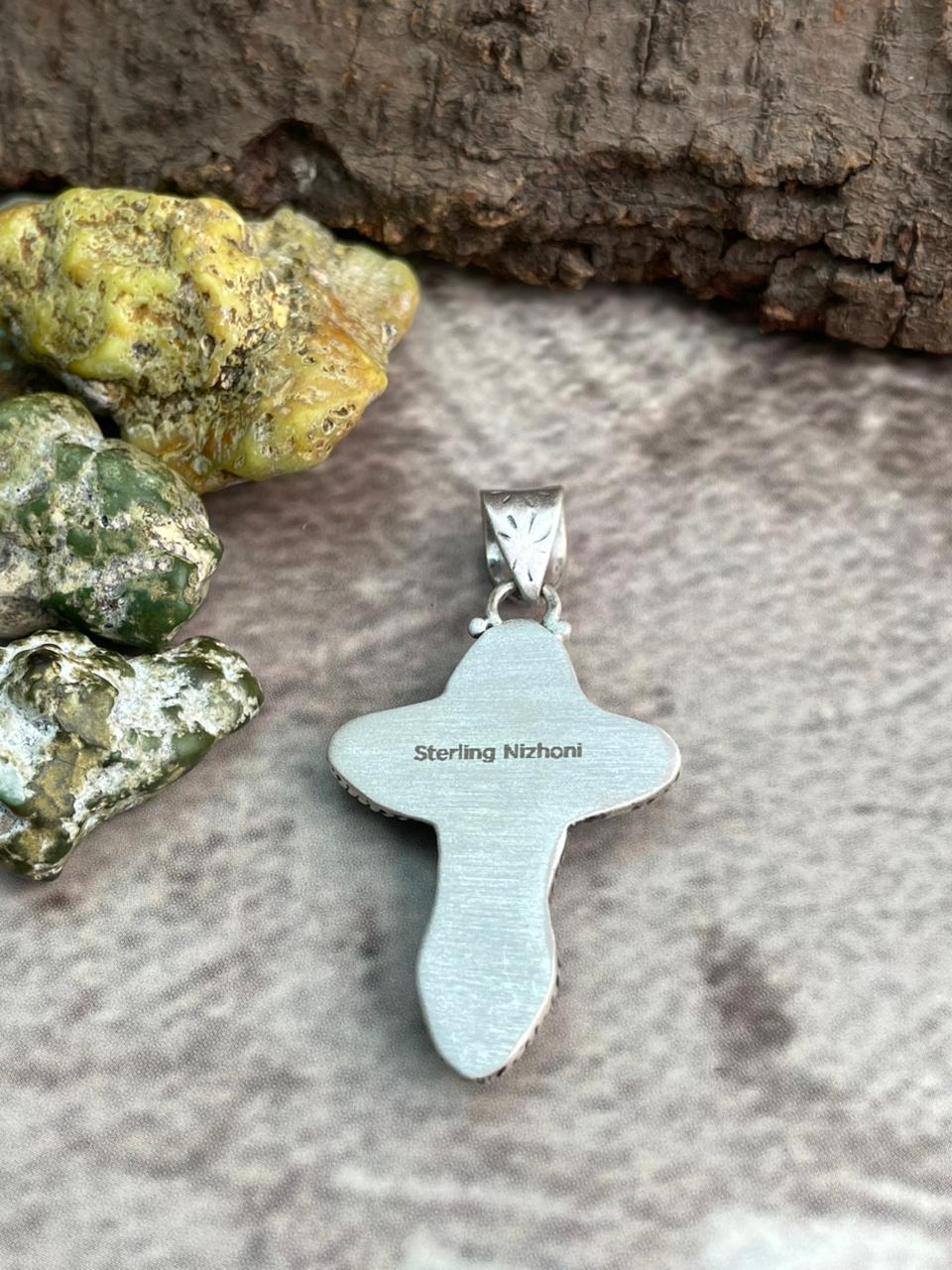 Handmade Sterling Silver Sonoran Mountain Turquoise Cross Pendant "Signed Nizhoni"