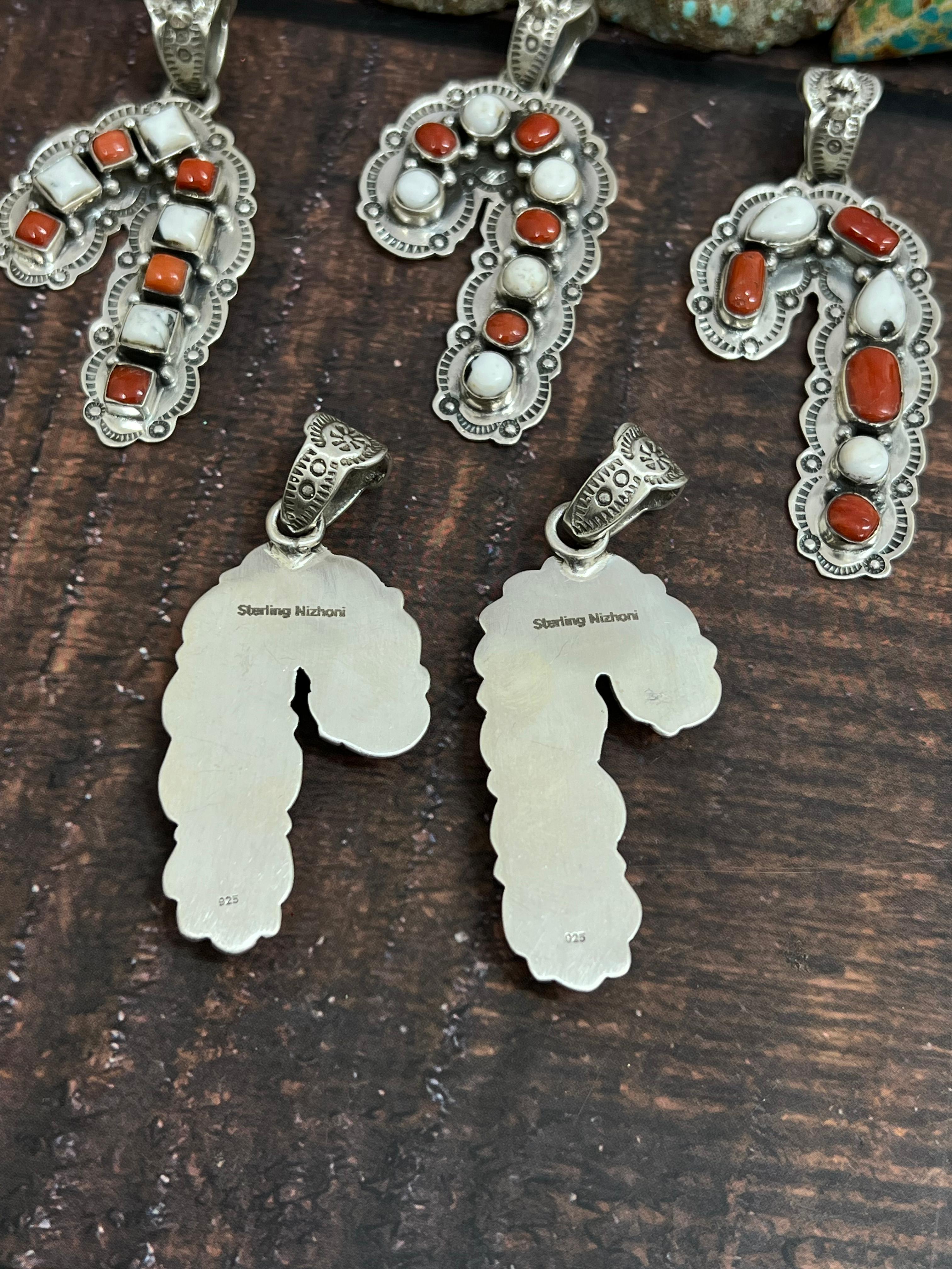 Handmade Sterling Silver Coral with White Buffalo Turquoise Pendant, Signed Nizhoni