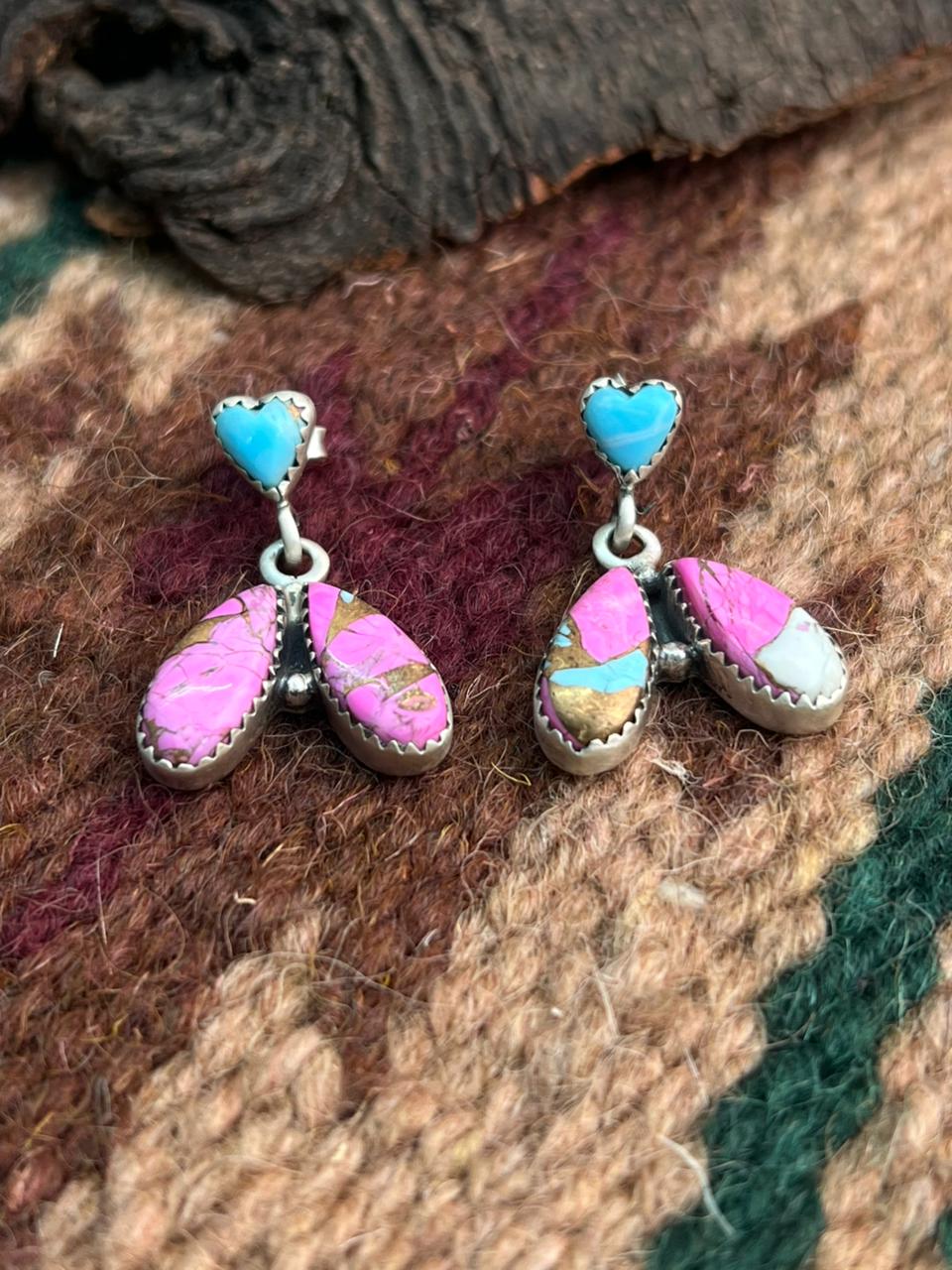 "Heart Collection" Handmade Sterling Silver Cotton Candy Post Dangle Earrings "Signed Nizhoni"