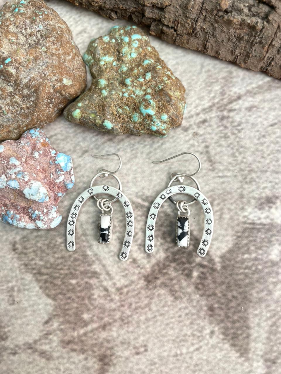 Handmade Sterling Silver White Buffalo Horseshoe Wire Dangle Earrings with Signed Nizhoni