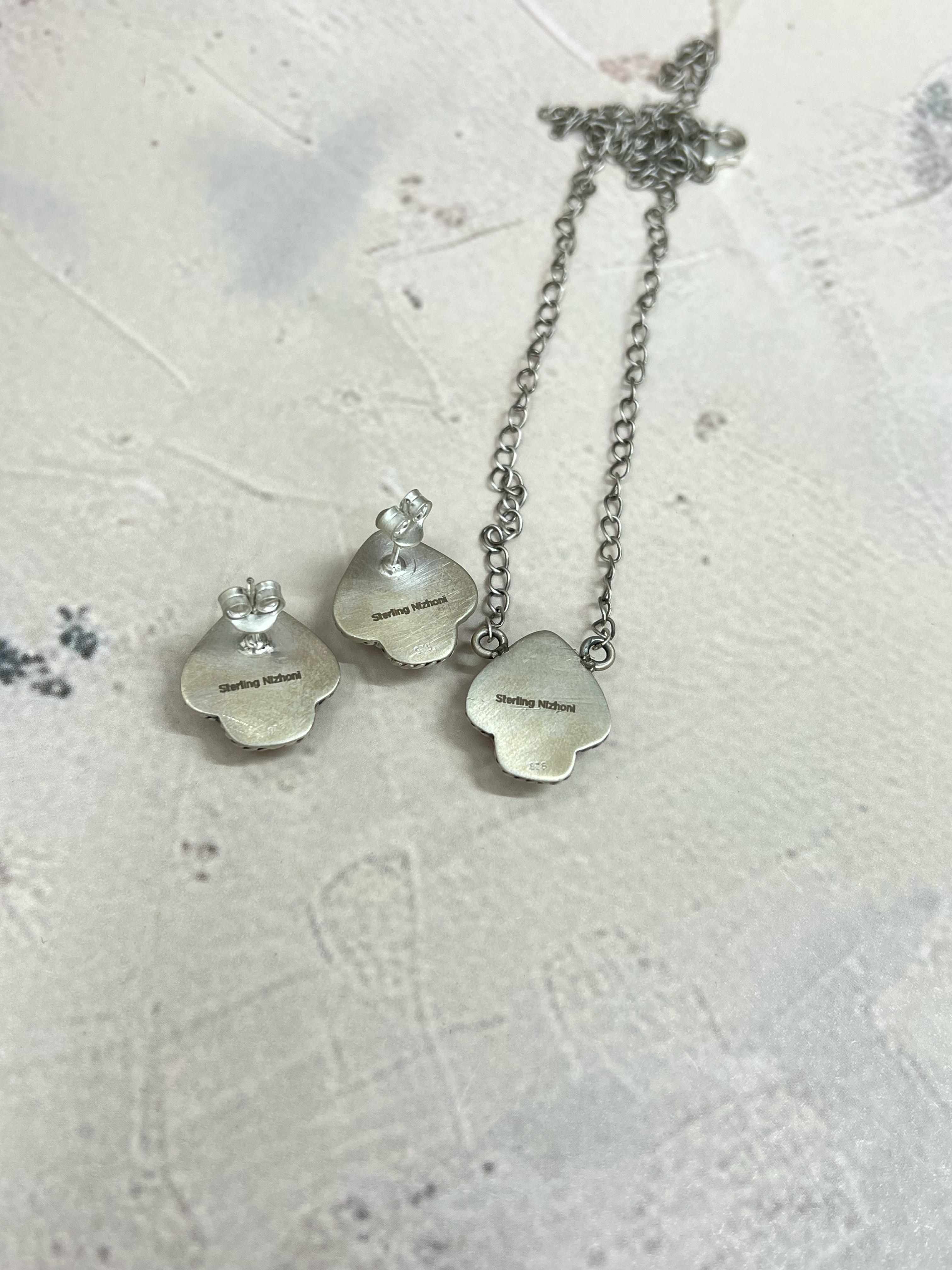 Handmade Sterling Silver Orange Mojave Necklace Earrings Spade Set with Signed Nizhoni