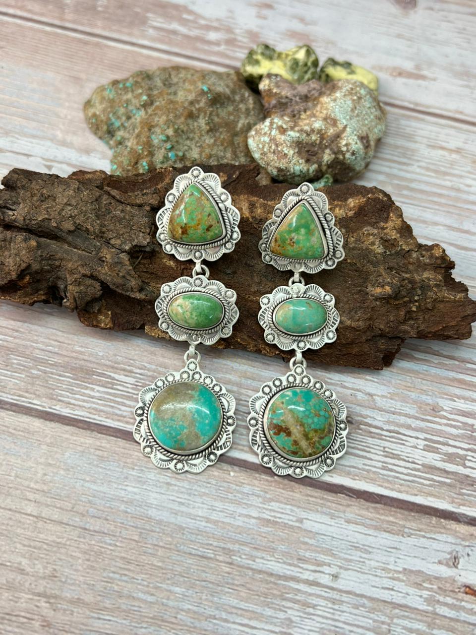 Handmade Sterling Silver Mantis Turquoise Post Dangle Earrings with Signed Nizhoni