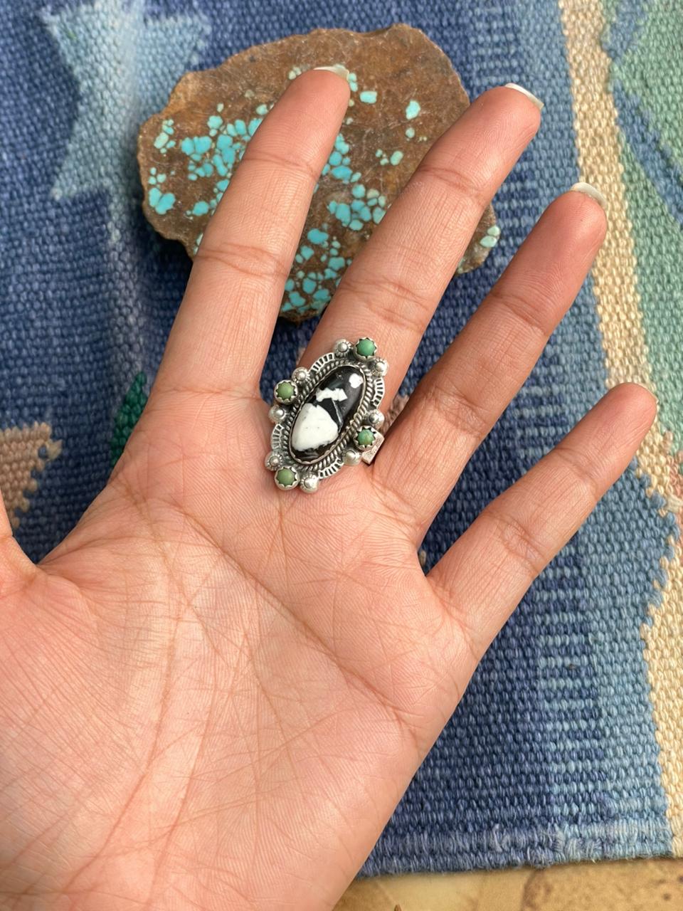 Handmade Sterling Silver White Buffalo with Kingman Turquoise Adjustable Ring "Signed Nizhoni"