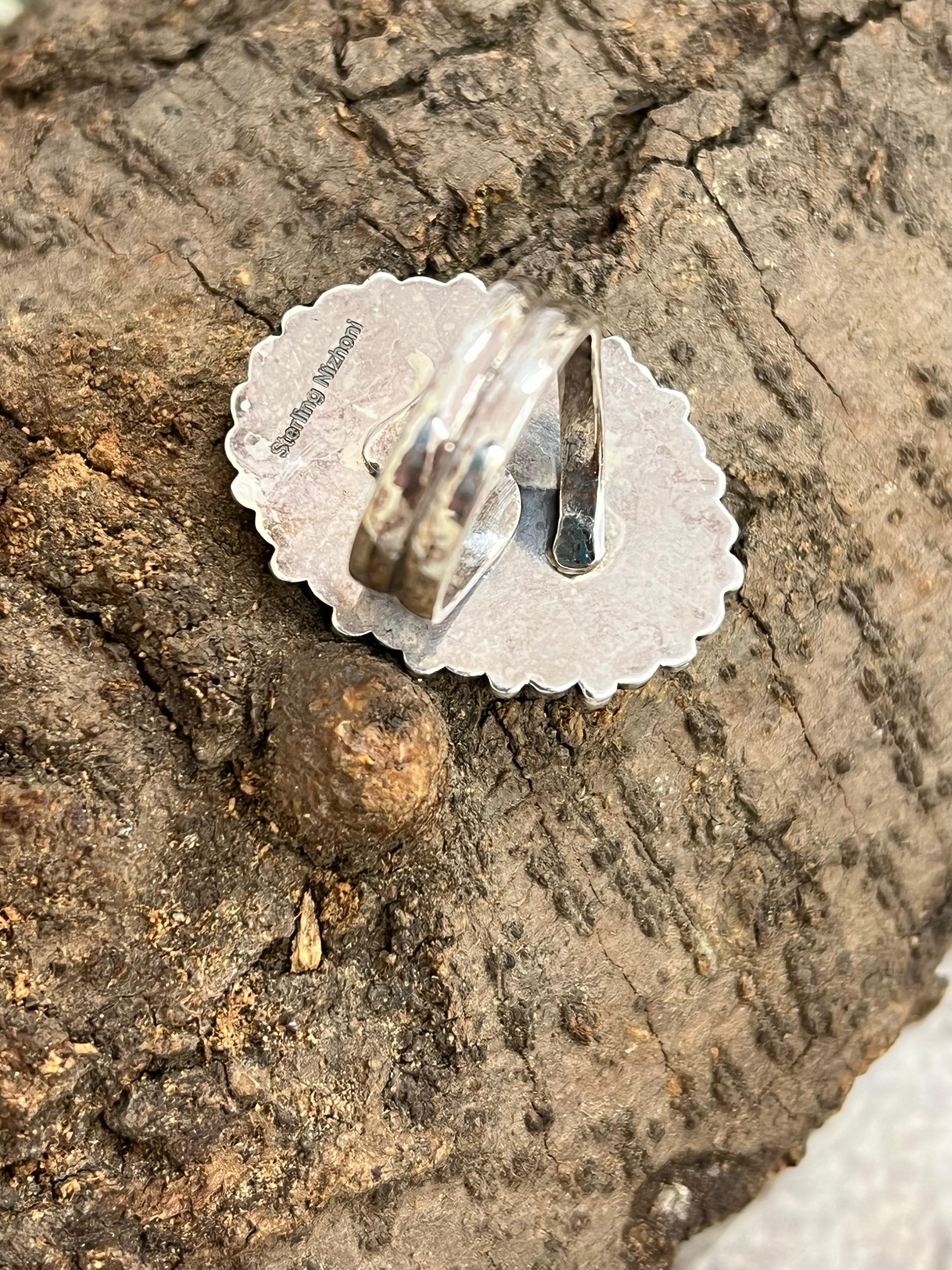 Handmade Sterling Silver White Buffalo Turquoise Adjustable Ring with Signed Nizhoni
