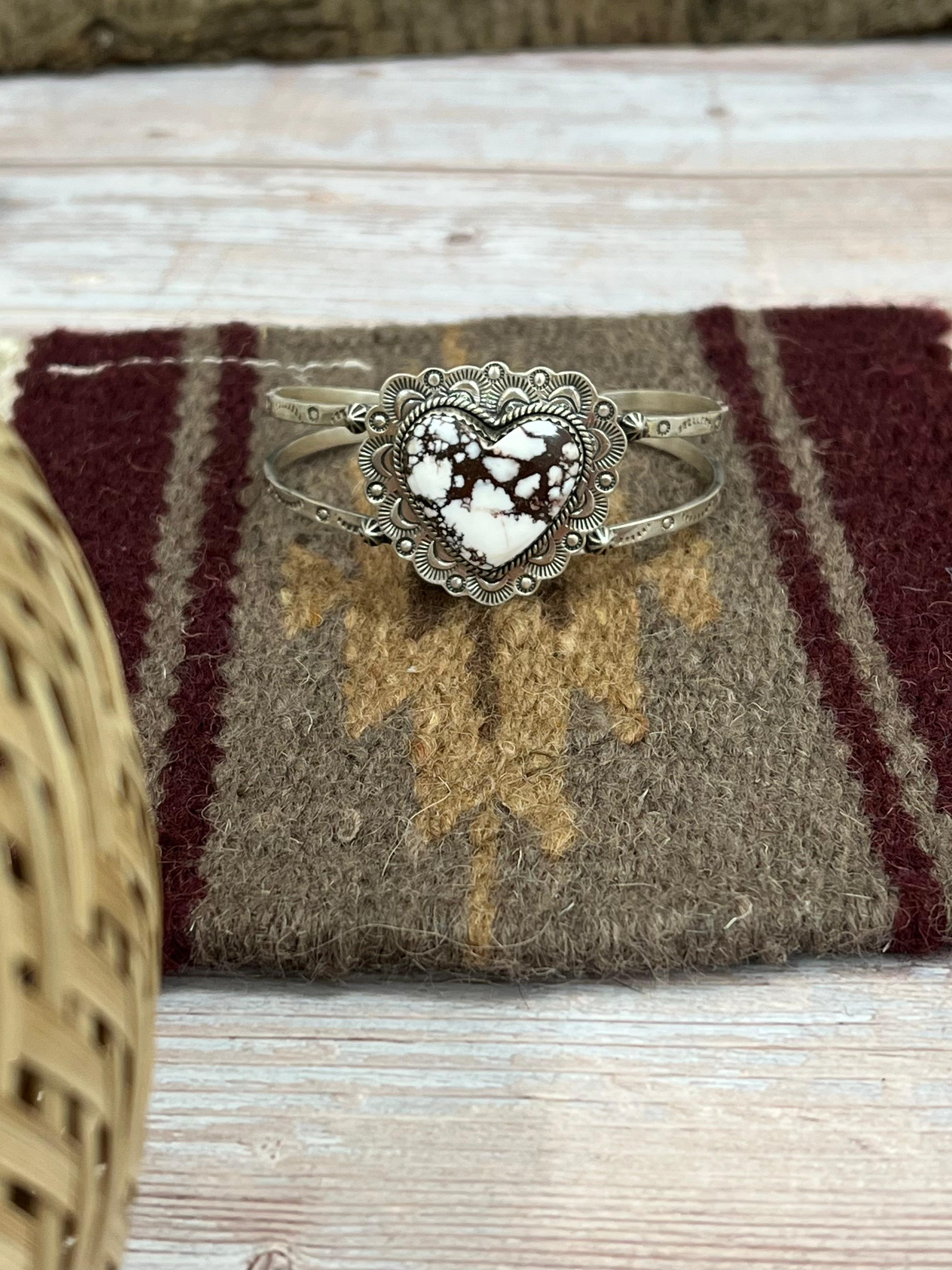 Handmade Sterling Silver Wild Horse Cuff Heart Bracelet with Signed Nizhoni