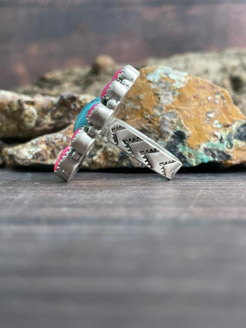 Handmade Sterling Silver Arizona Turquoise with Hot Pink Adjustable Ring "Signed Nizhoni"