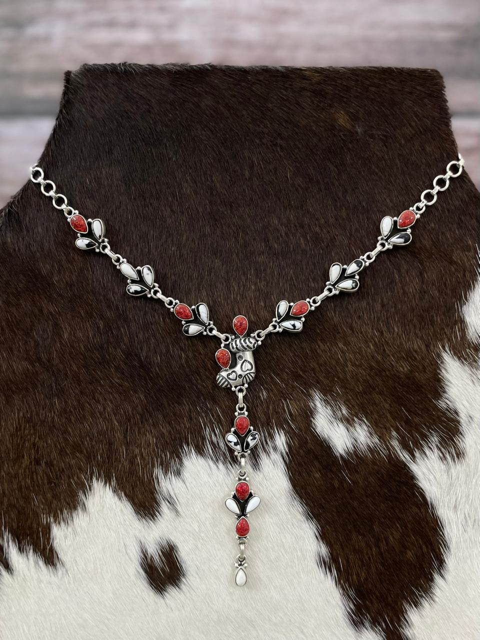 Handmade Sterling Silver White Buffalo with Red Opal Lariat Necklace "Signed Nizhoni"