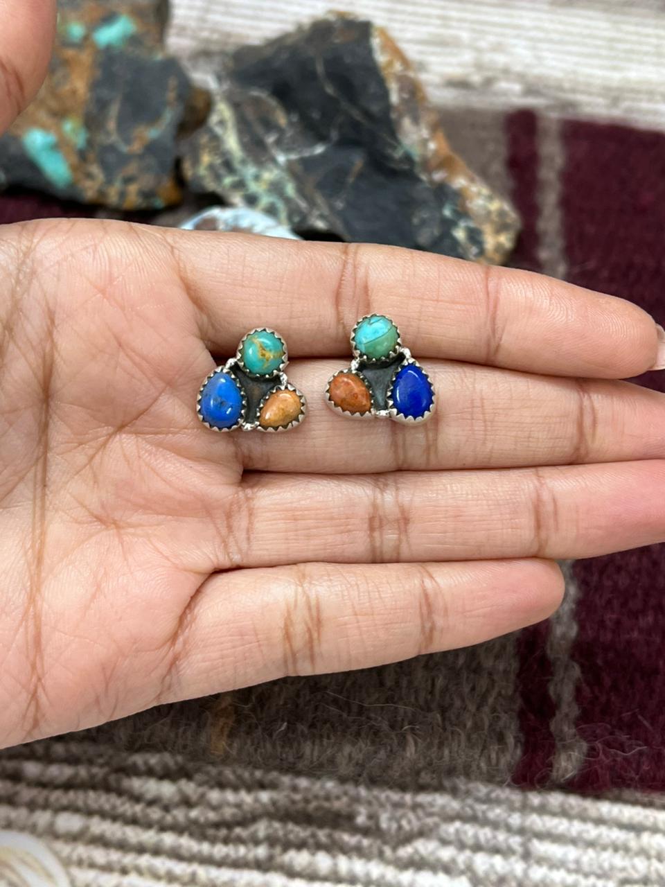 Handmade Sterling Silver Lapis with Kingman Turquosie and Orange Mojave Post Studs Earrings "Signed Nizhoni"