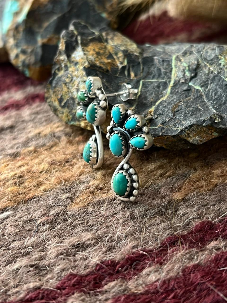 Handmade Sterling Silver Kingman Turquoise Post Studs Earrings "Signed Nizhoni"