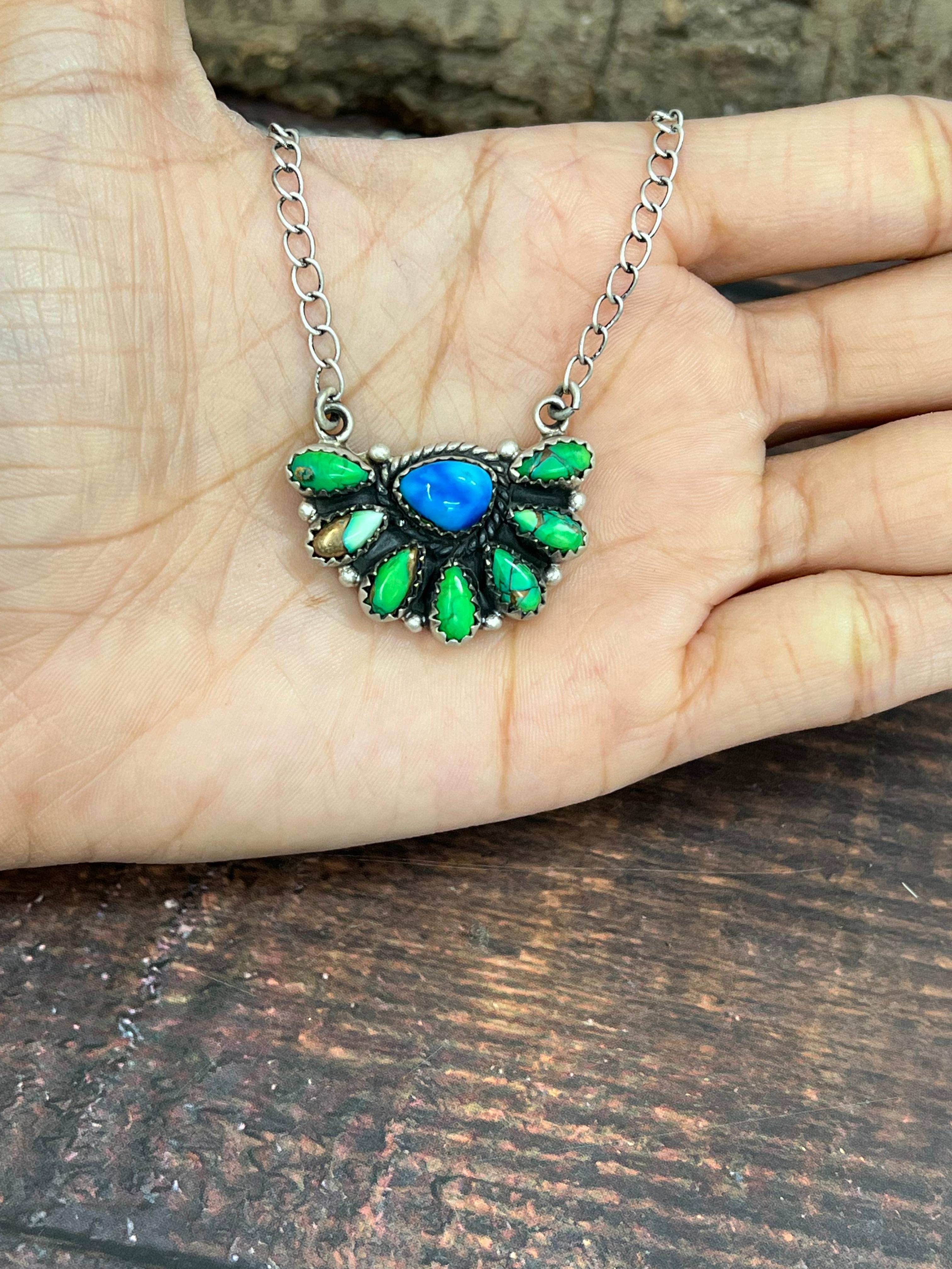 Handmade Sterling Silver Peacock Dahlia Necklace with Signed Nizhoni