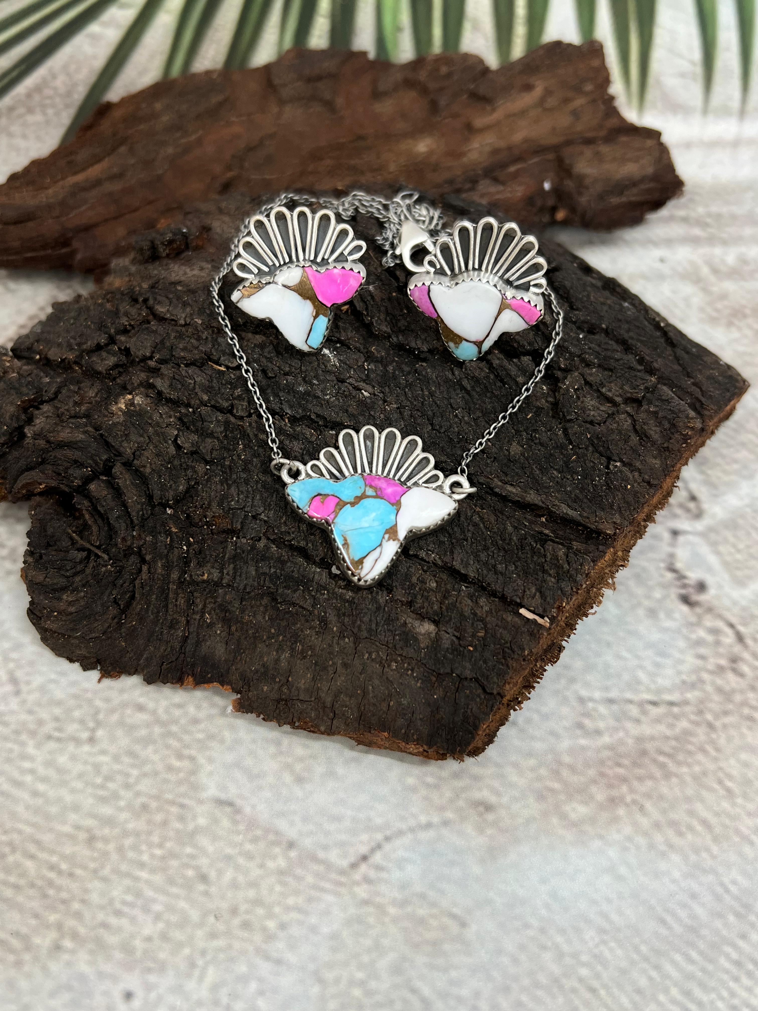 Handmade Sterling Silver Cotton Candy Turquoise Bull Necklace Earrings Set, Signed Nizhoni