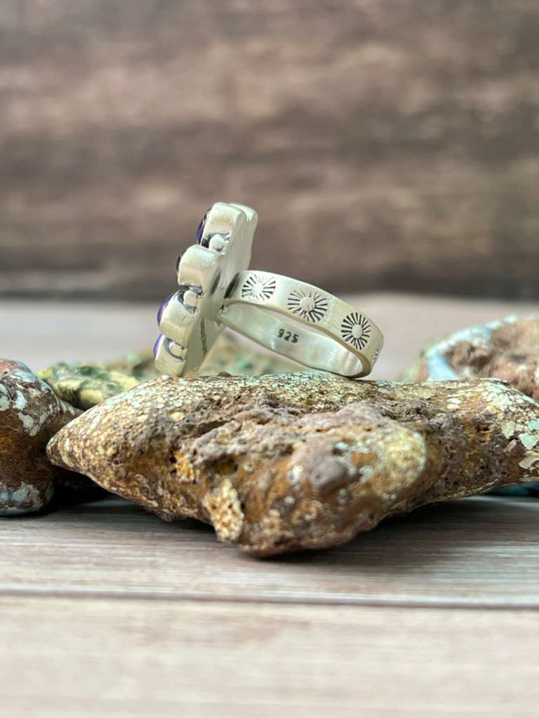 Handmade Sterling Silver Grape Dahlia Adjustable Ring "Signed Nizhoni"