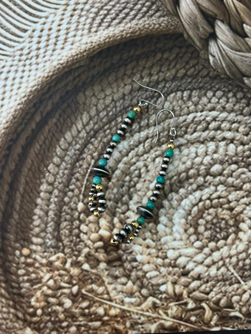 Handmade Sterling Silver Kingman Turquoise Hook Dangle Beaded Earrings