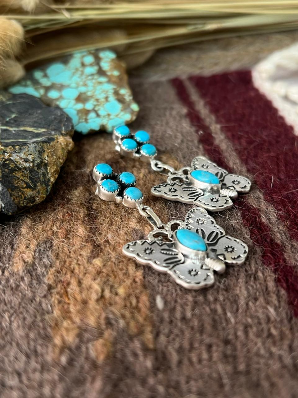 Handmade Sterling Silver Blue Turquoise Post Dangle Butterfly Earrings "Signed Nizhoni"