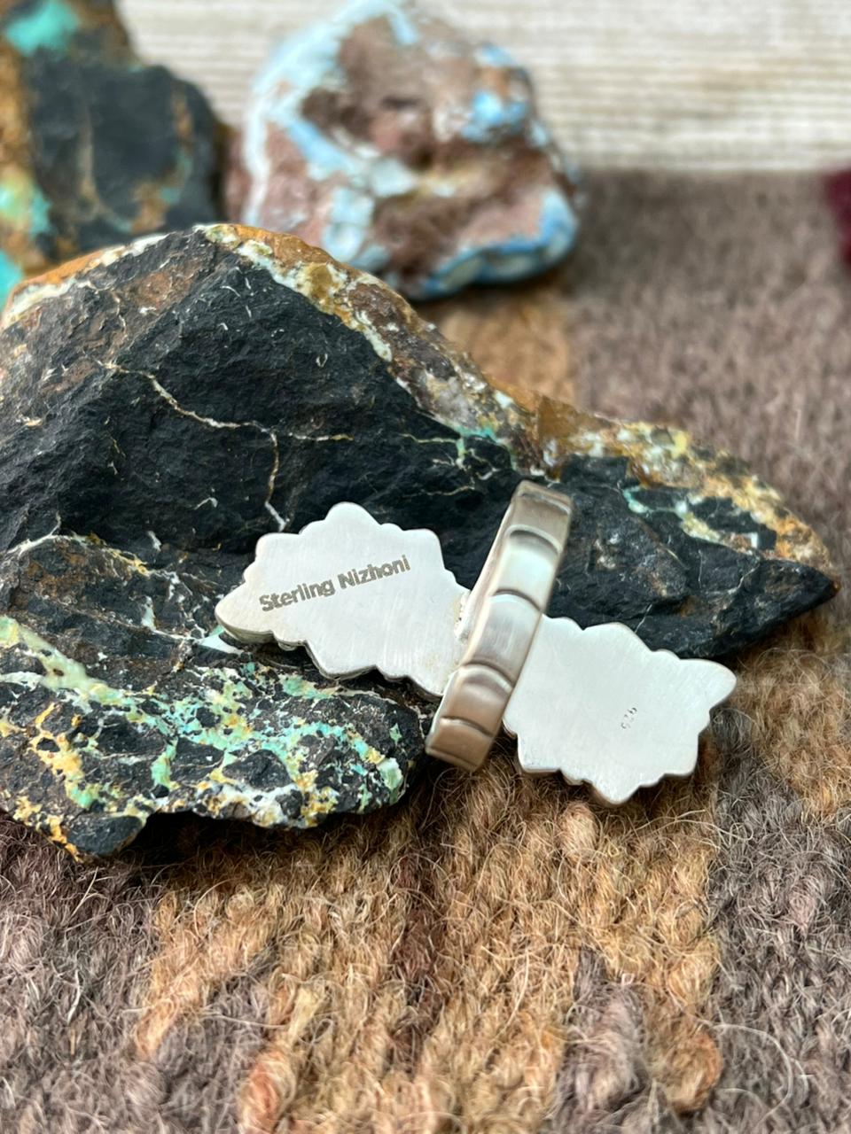 Handmade Sterling Silver Kingman Turquoise Adjustable Ring "Signed Nizhoni"