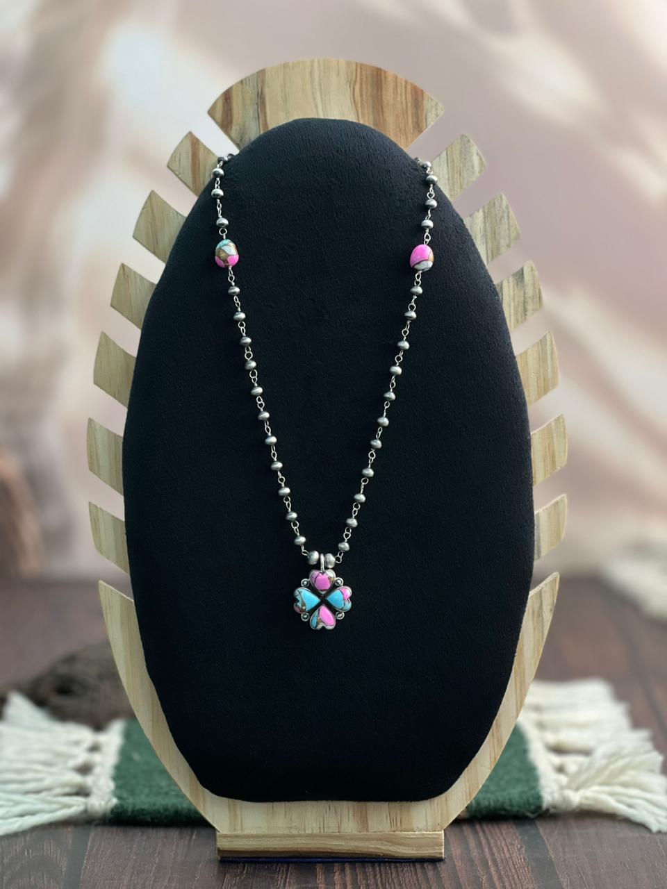 "Heart Collection" Handmade Sterling Silver Cotton Candy Necklace with Beads Chain "Signed Nizhoni"