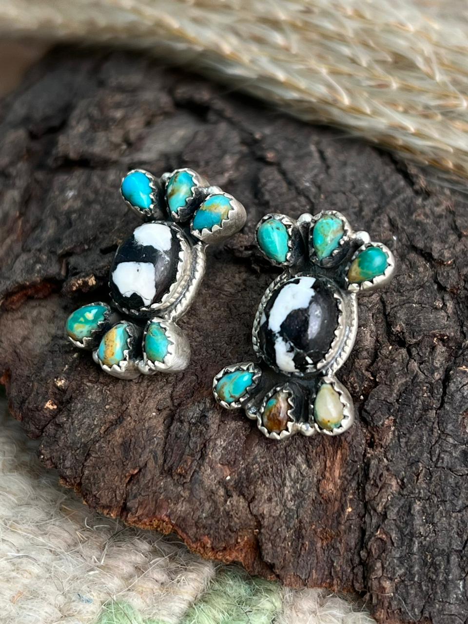 Handmade Sterling Silver White Buffalo with Kingman Turquoise Post Studs Earrings "Signed Nizhoni"