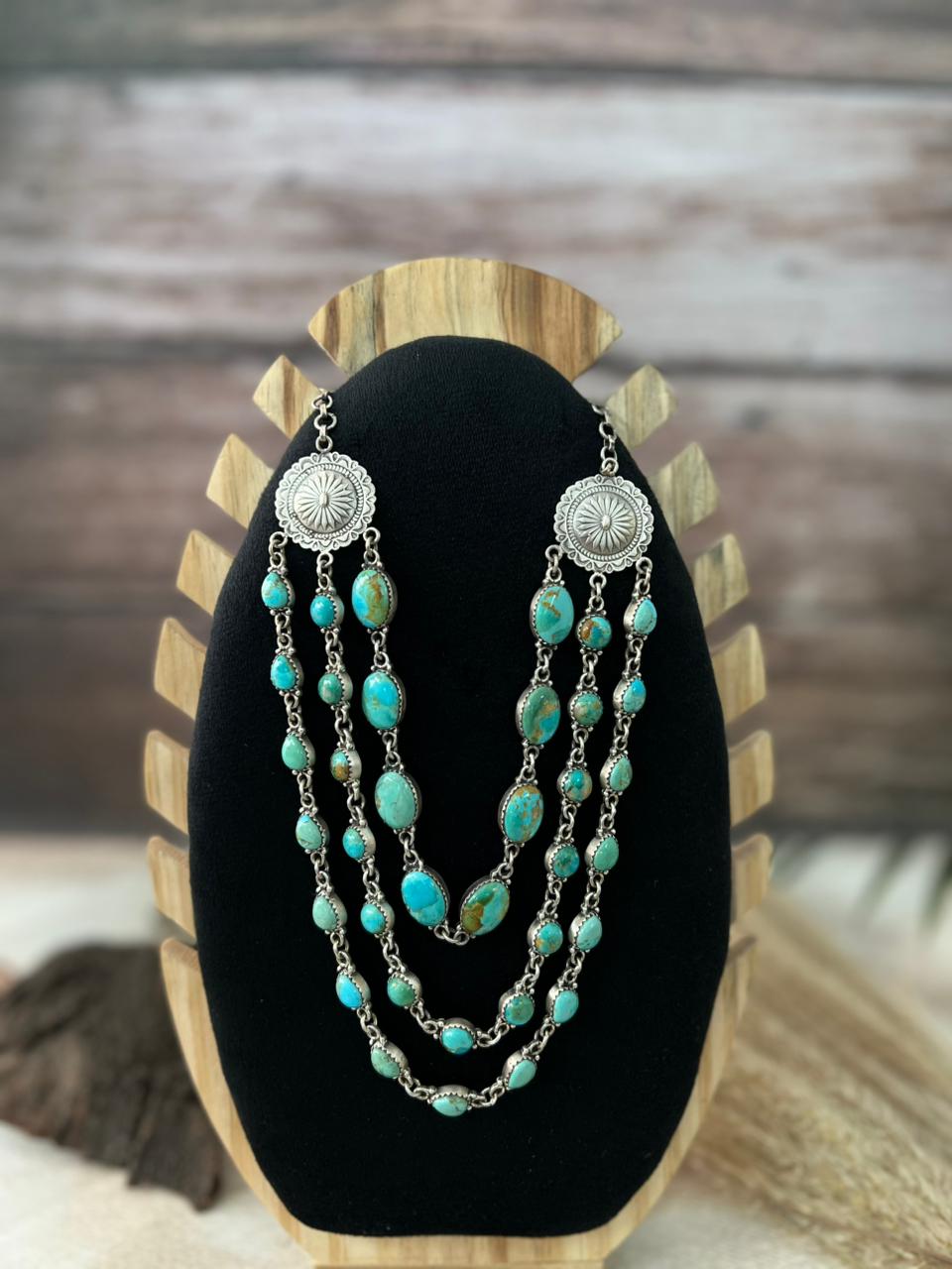Handmade Sterling Silver Kingman Turquoise Layered Necklace "Signed Nizhoni"
