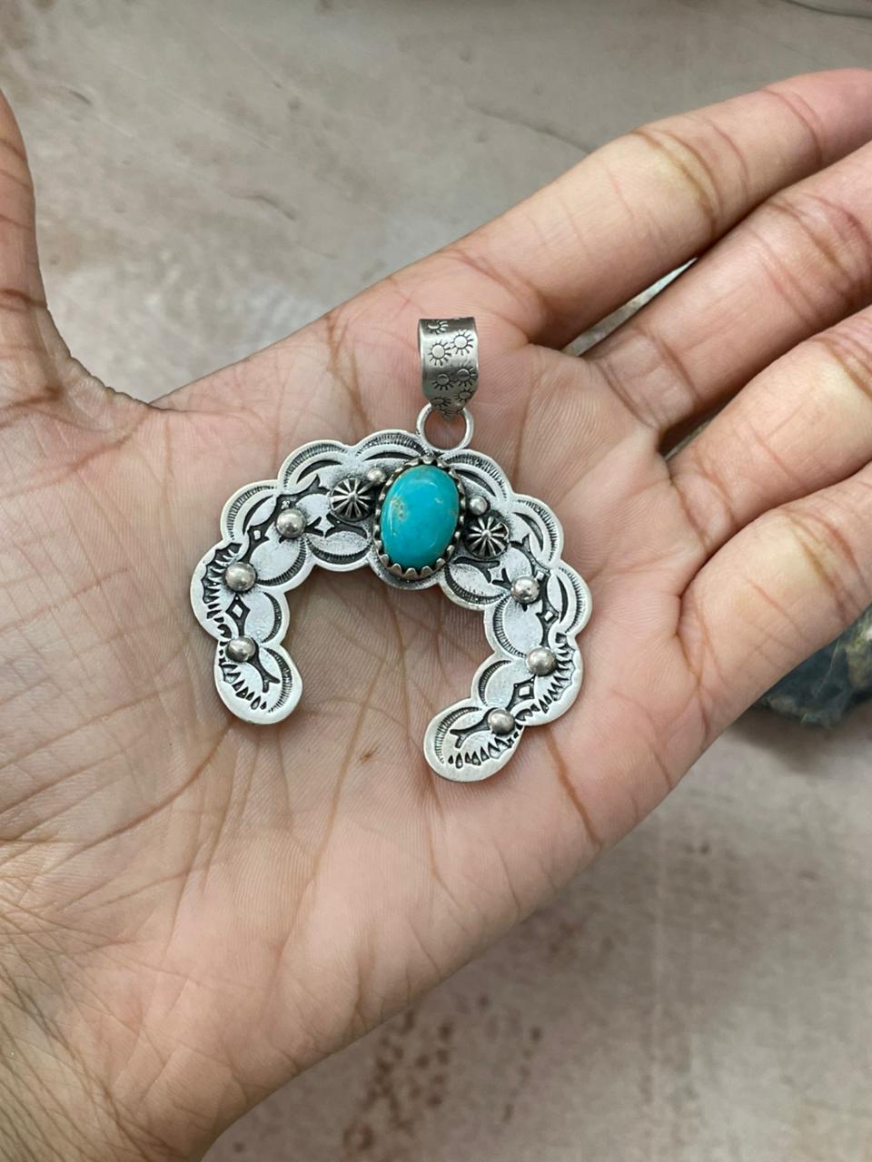 Handmade Sterling Silver Kingman Turquoise Naja Pendant "Signed Nizhoni"