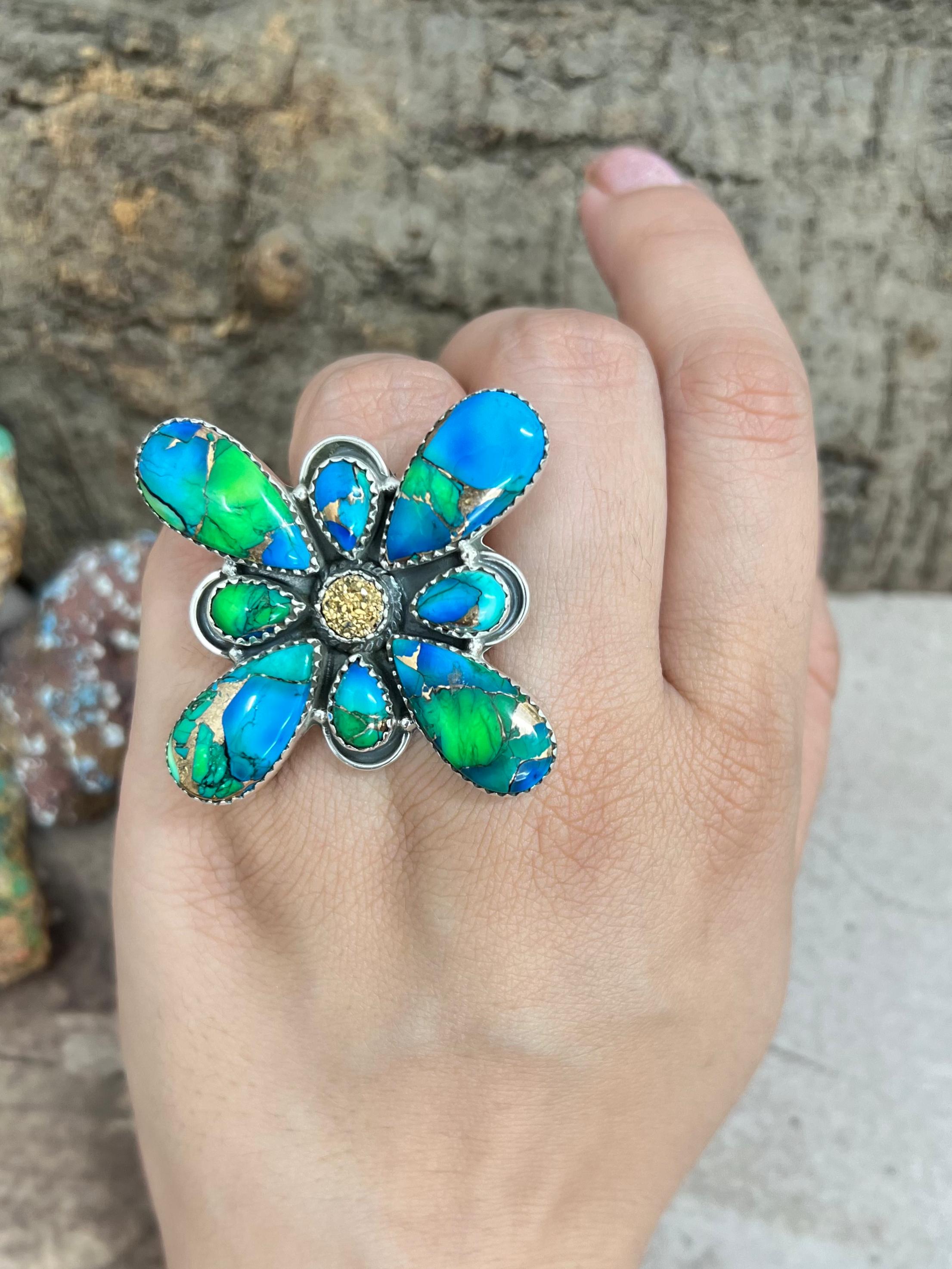 Handmade Sterling Silver Peacock Dahlia with Druzy Adjustable Ring with Signed Nizhoni