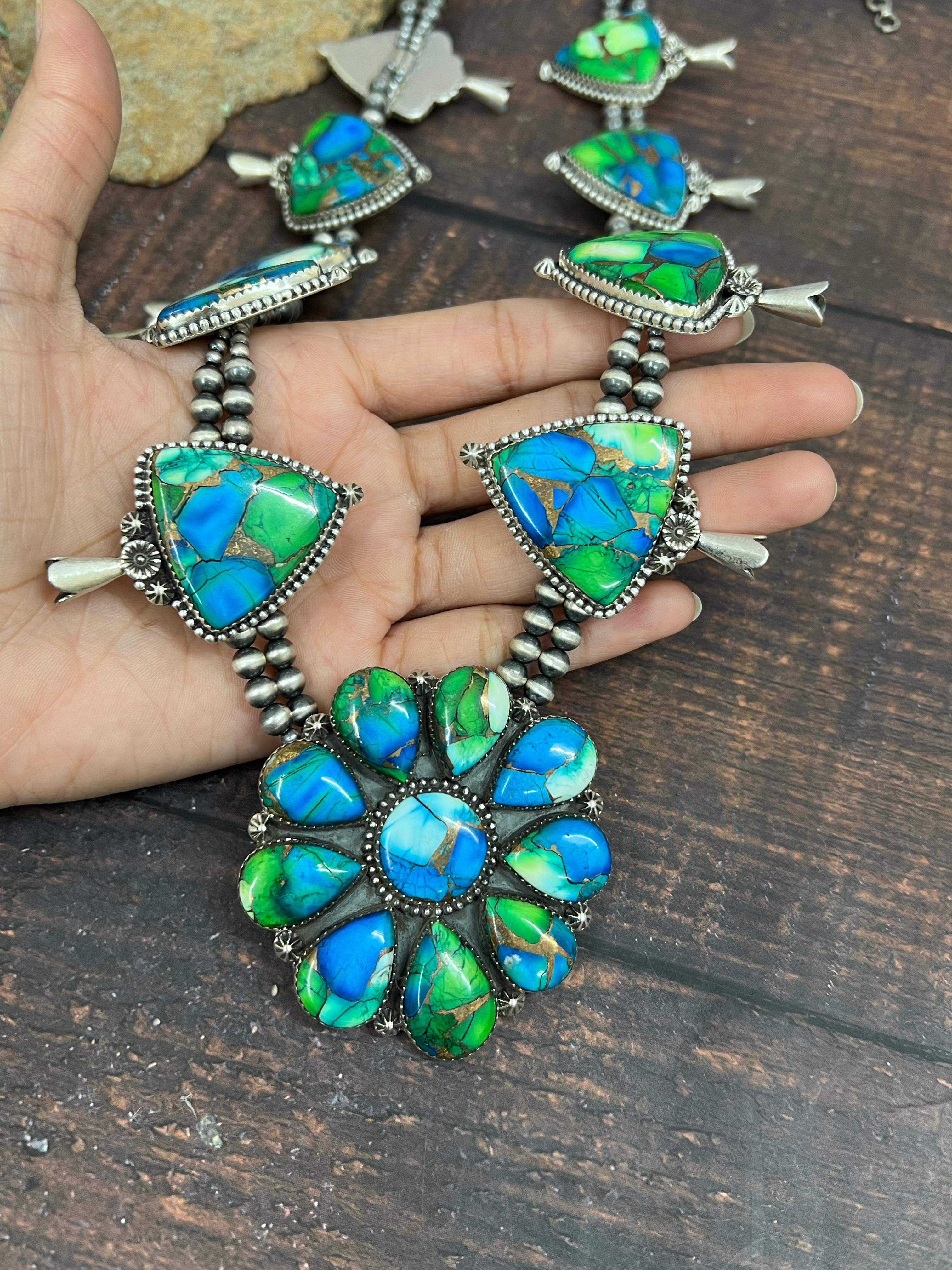 Handmade Sterling Silver Peacock Dahlia Beaded Necklace with Signed Nizhoni