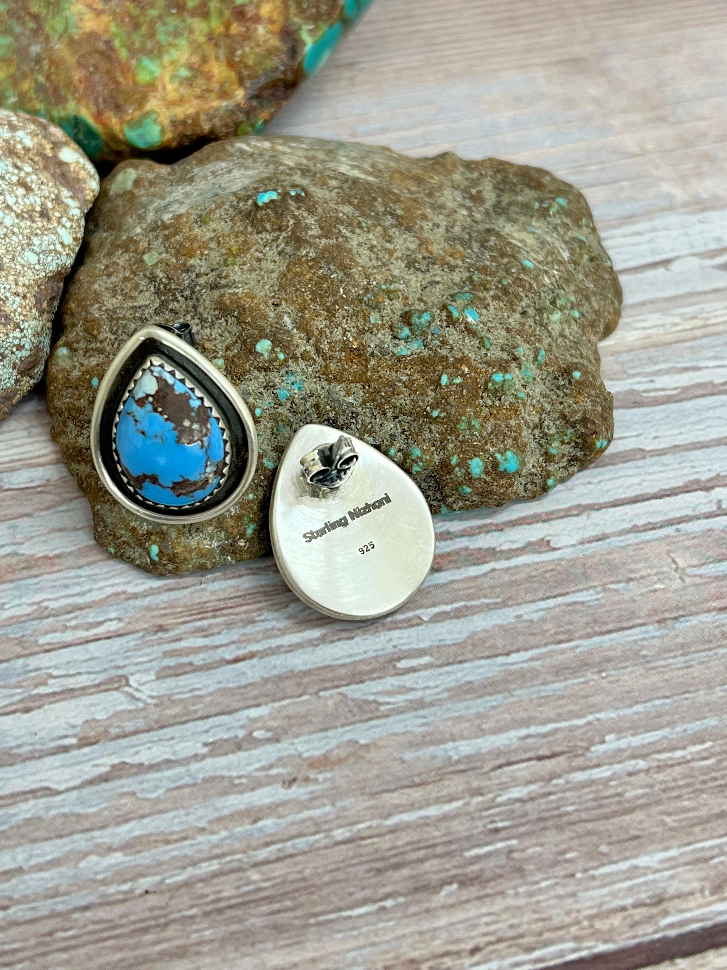Handmade Sterling Silver Golden Hills Turquoise Post Earrings with Signed Nizhoni
