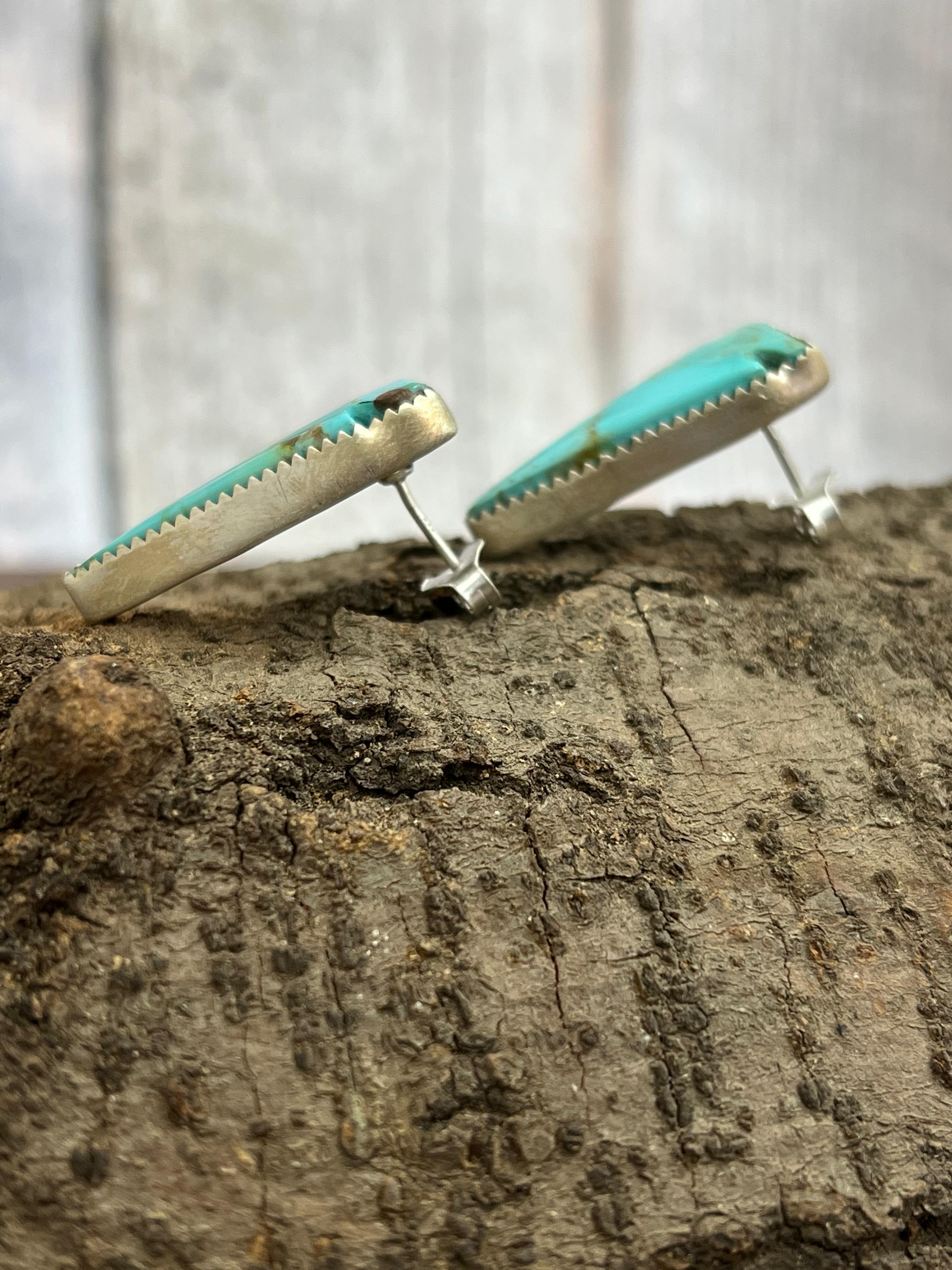 Handmade Sterling Silver Kingman Turquoise Post Earrings with Signed Nizhoni